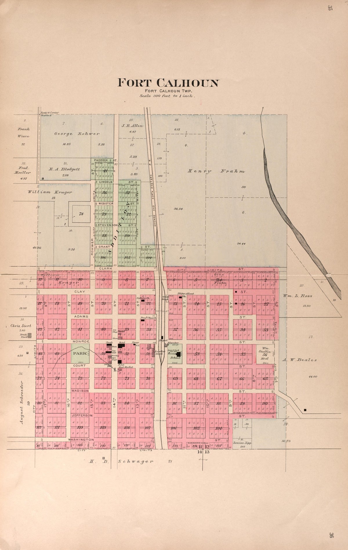 Fort Calhoun from Plat Book of Washington County, Nebraska : Containing Carefully Prepared Township Plats, Village Plats, Analysis of U.S. Land System, State, United States and World Maps : Illustrated 1908 by Relic Map Company