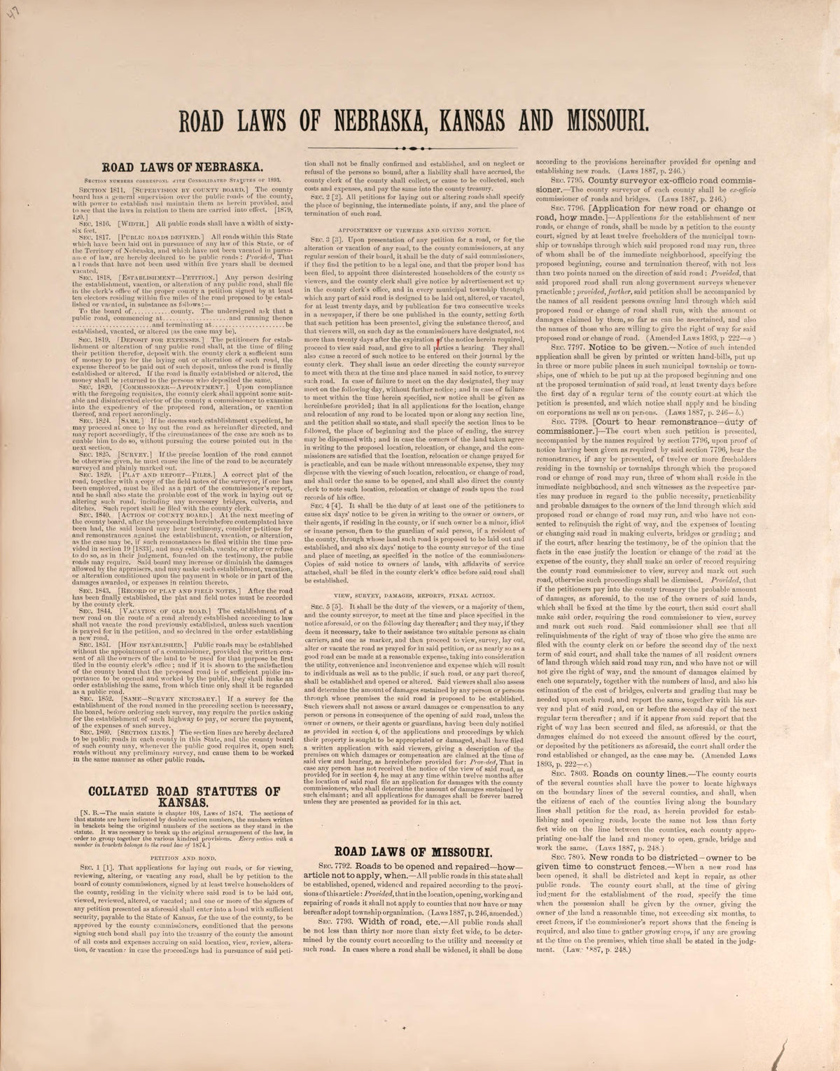 Road Laws of Nebraska, Kansas and Missouri from Plat Book of Washington County, Nebraska : Containing Carefully Prepared Township Plats, Village Plats, Analysis of U.S. Land System, State, United States and World Maps : Illustrated 1908 by Relic Map Company