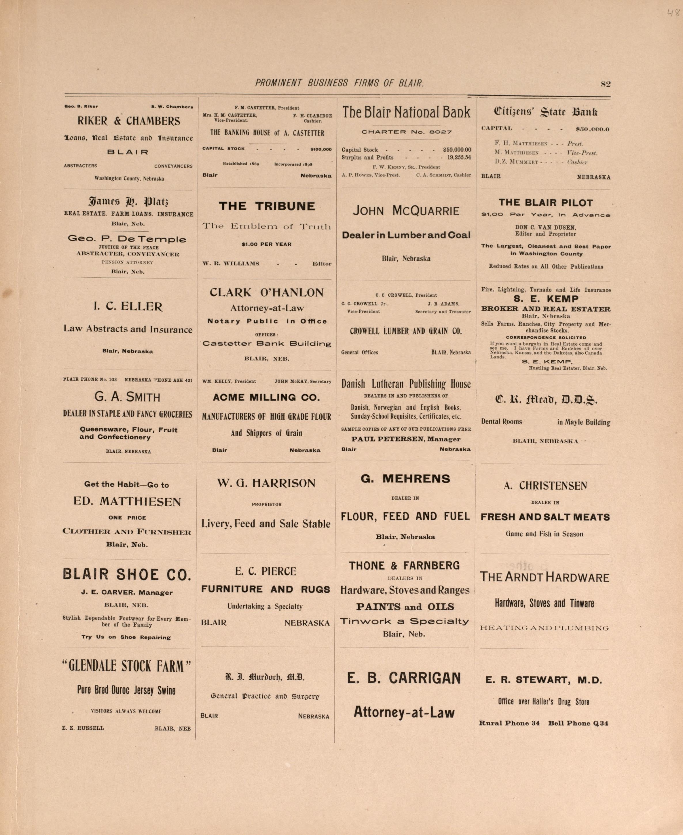 Business Firms In Blair, P. 1 from Plat Book of Washington County, Nebraska : Containing Carefully Prepared Township Plats, Village Plats, Analysis of U.S. Land System, State, United States and World Maps : Illustrated 1908 by Relic Map Company