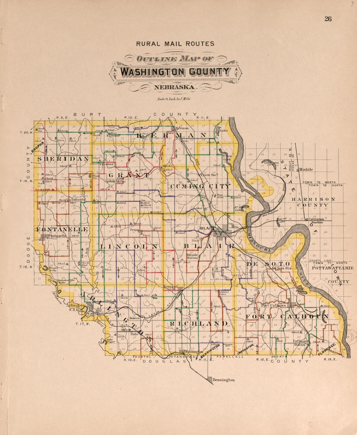 Rural Mail Routes Map of Washington County from Plat Book of Washington County, Nebraska : Containing Carefully Prepared Township Plats, Village Plats, Analysis of U.S. Land System, State, United States and World Maps : Illustrated 1908 by Relic Map Company