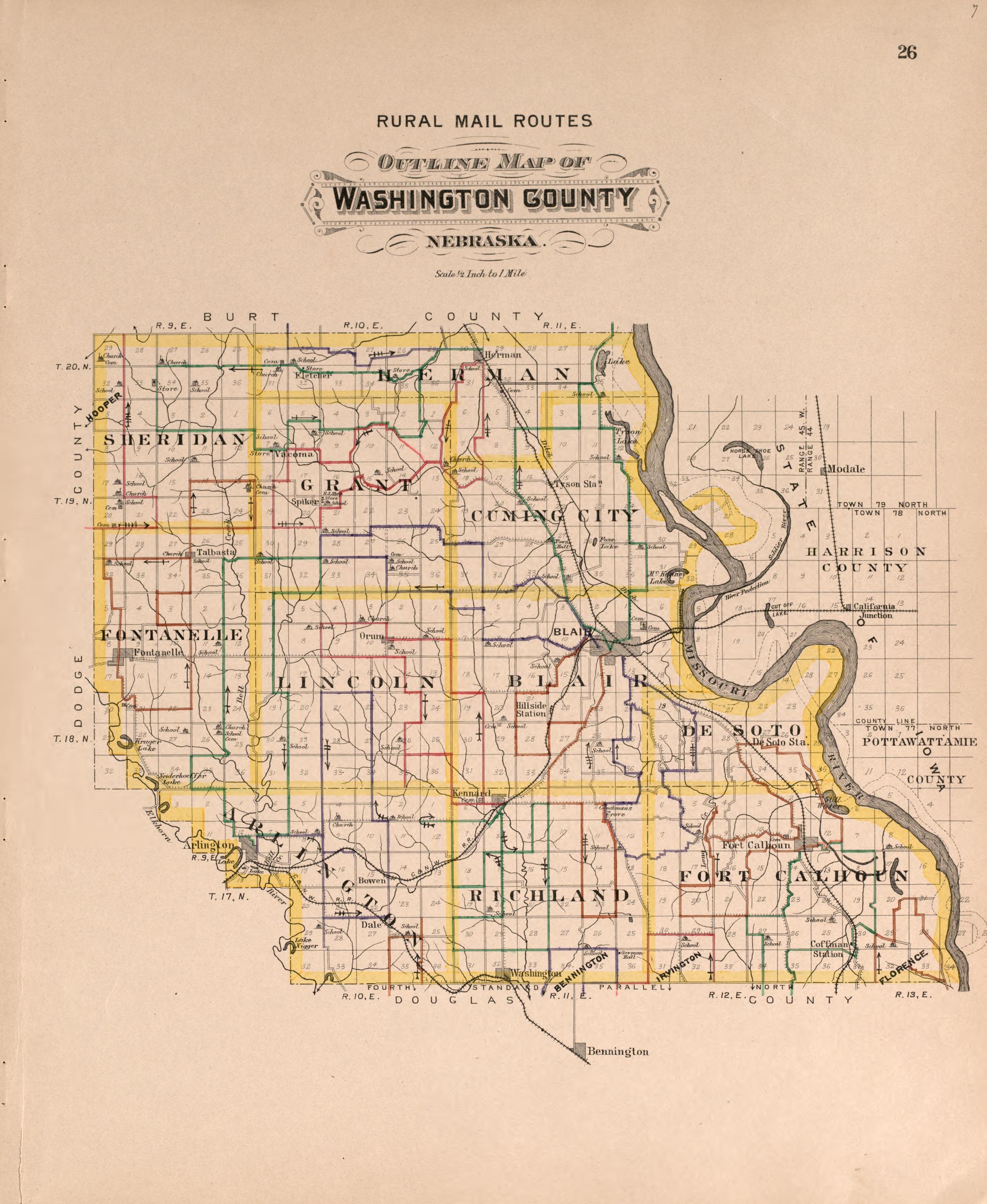 Rural Mail Routes Map of Washington County from Plat Book of Washington County, Nebraska : Containing Carefully Prepared Township Plats, Village Plats, Analysis of U.S. Land System, State, United States and World Maps : Illustrated 1908 by Relic Map Company