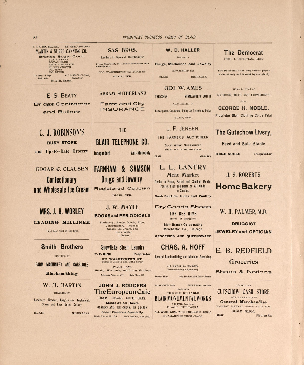 Business Firms In Blair, P. 2 from Plat Book of Washington County, Nebraska : Containing Carefully Prepared Township Plats, Village Plats, Analysis of U.S. Land System, State, United States and World Maps : Illustrated 1908 by Relic Map Company