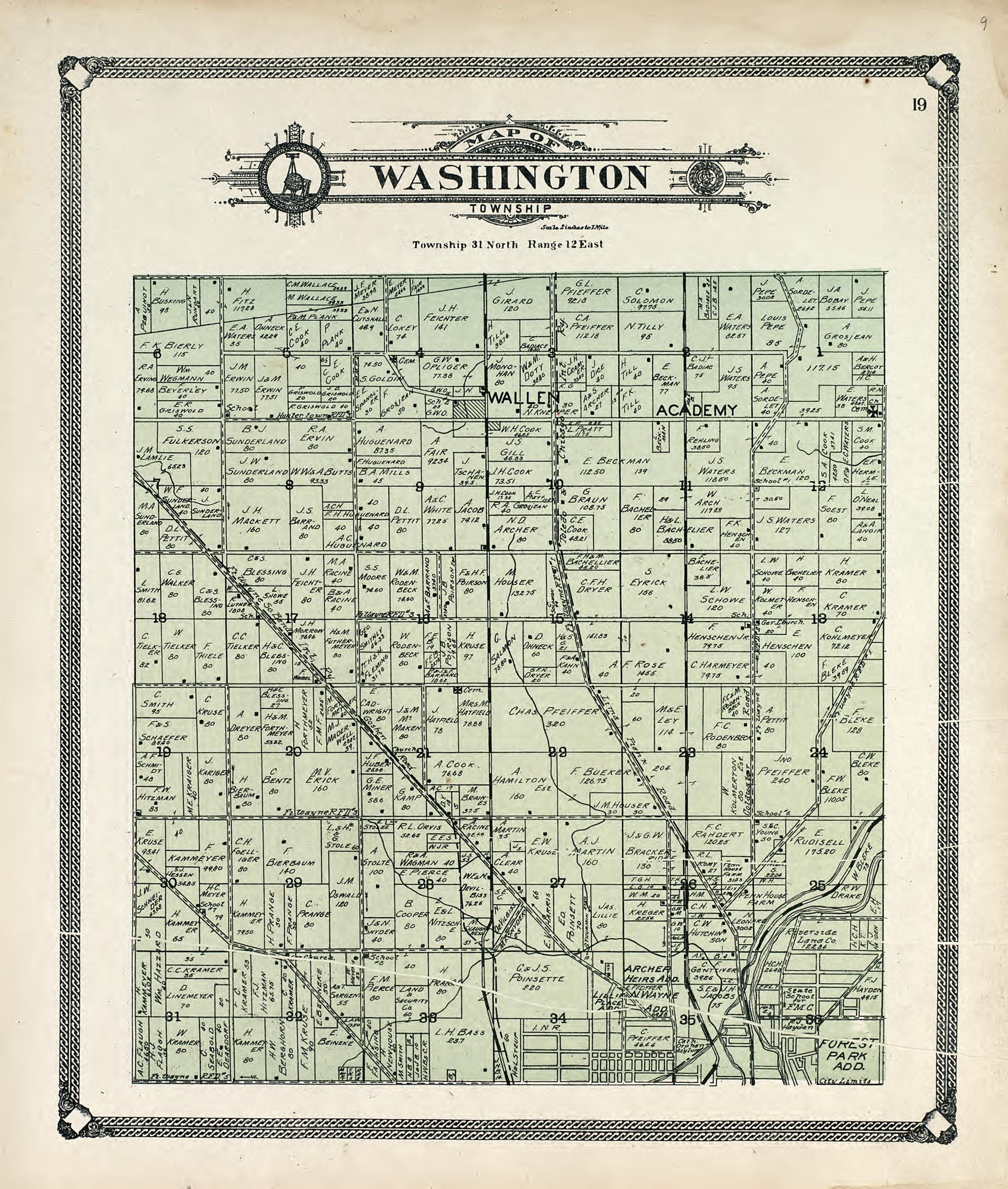 Map of Washington Township from Plat Book of Allen County, Indiana 1907 by Relic Map Company