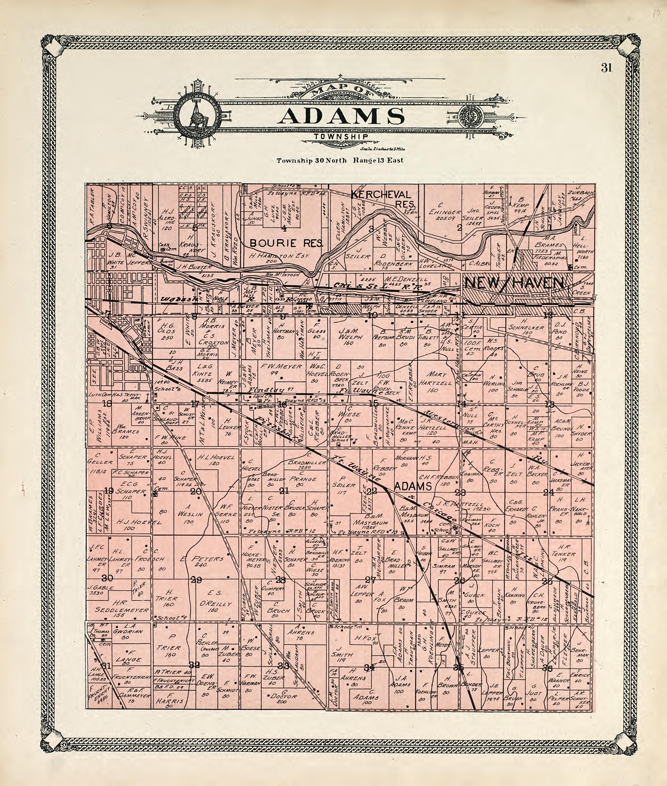 Map of Adams Township from Plat Book of Allen County, Indiana 1907 by Relic Map Company