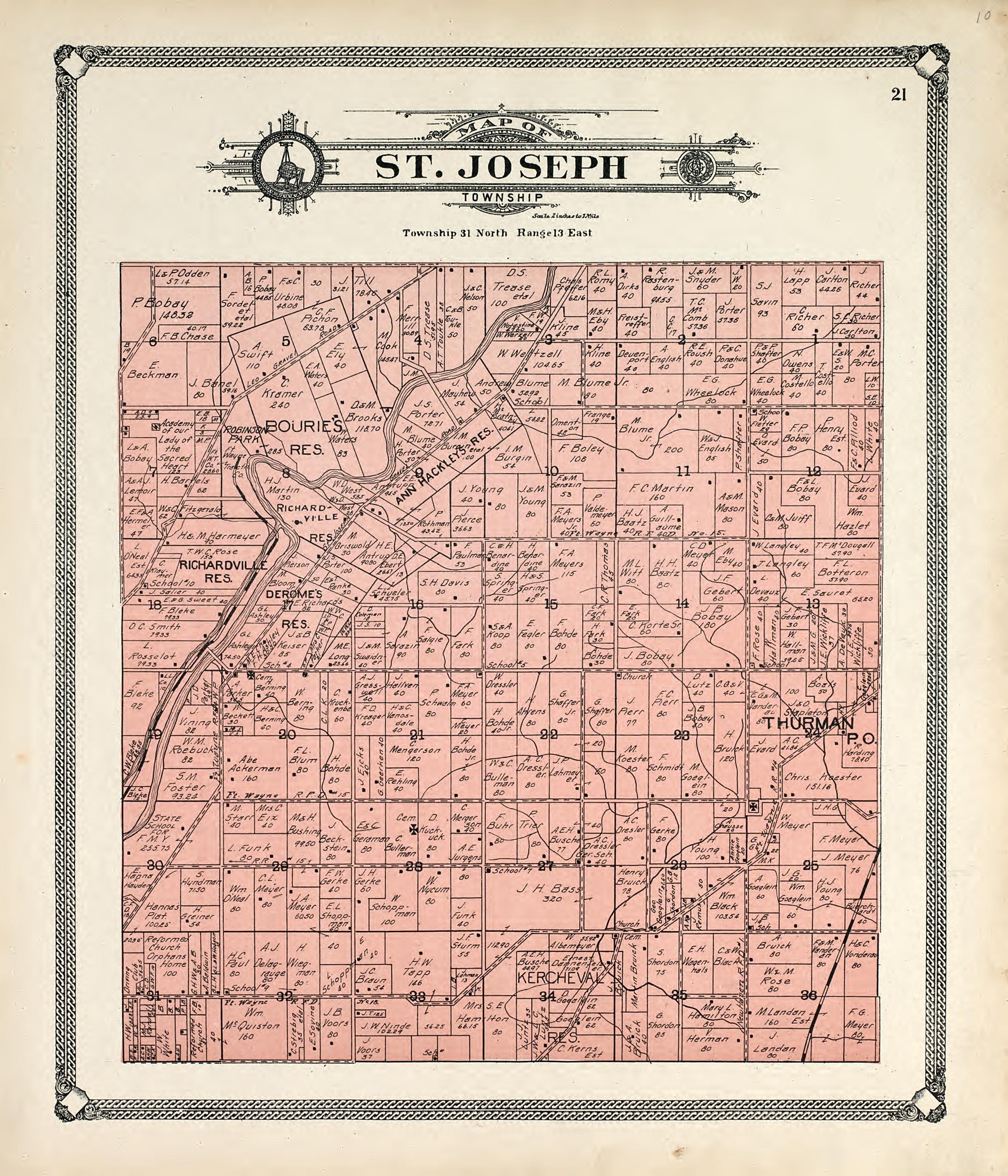 Map of St. Joseph Township from Plat Book of Allen County, Indiana 1907 by Relic Map Company