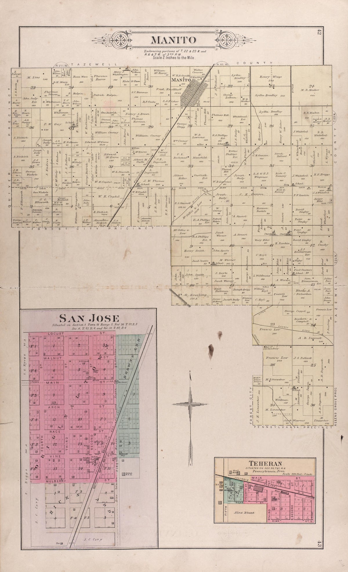 Manito - San Jose - Teheran from Plat Book of Mason County, Illinois 1891 by Relic Map Company