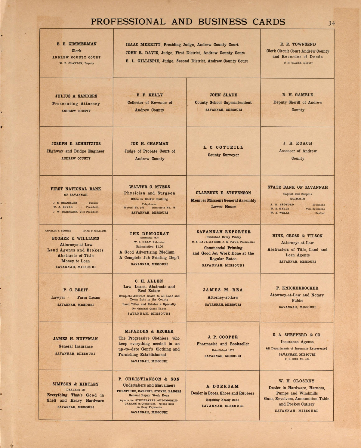 Professional and Business Cards from Plat Book of Andrew County, Missouri 1909 by Relic Map Company