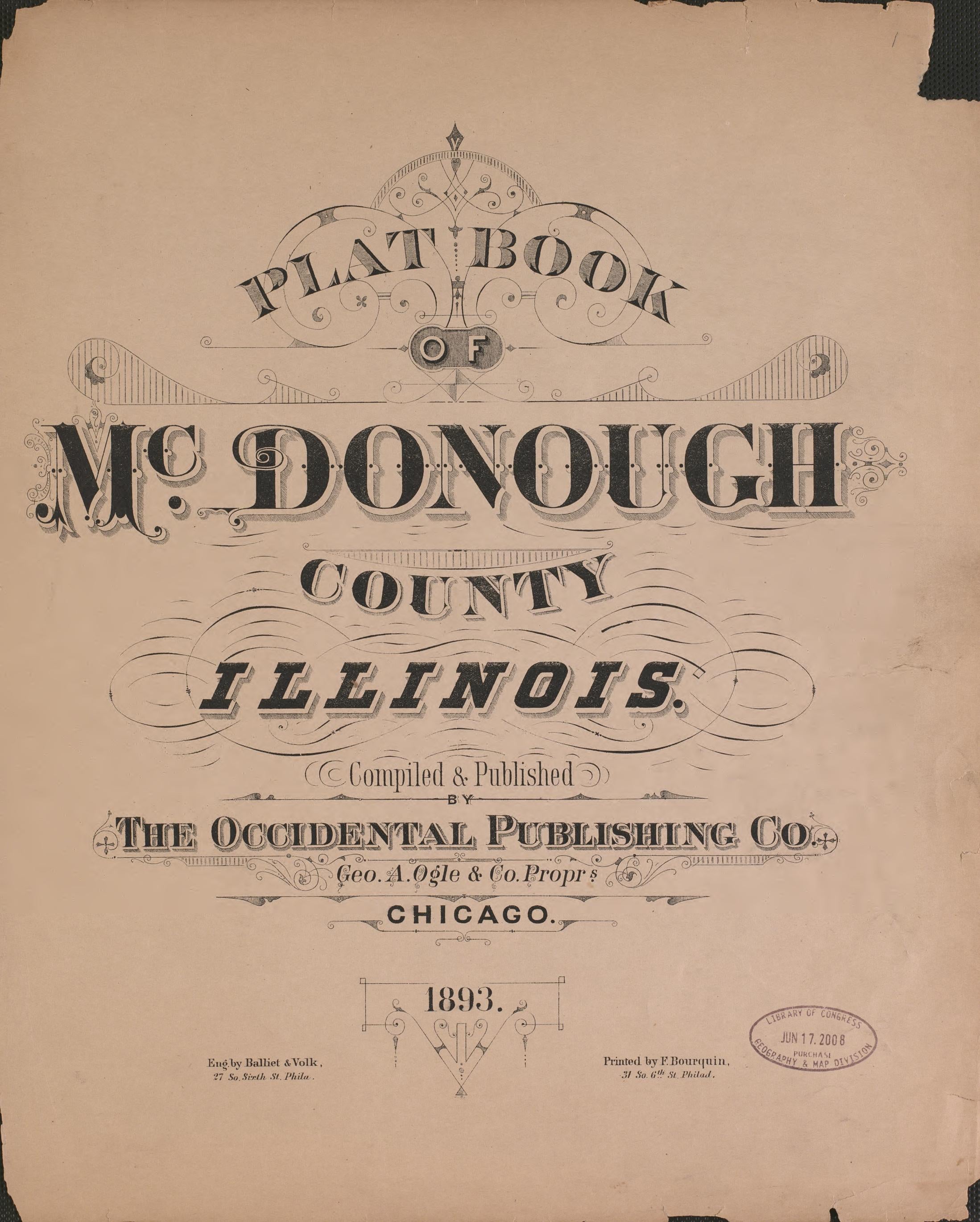 This old map of Illinois, McDonough County, was created by Balliet & Volk|Bourquin, F. (Frederick)|Geo. A. Ogle & Co|Occidental Publishing Company in 1893