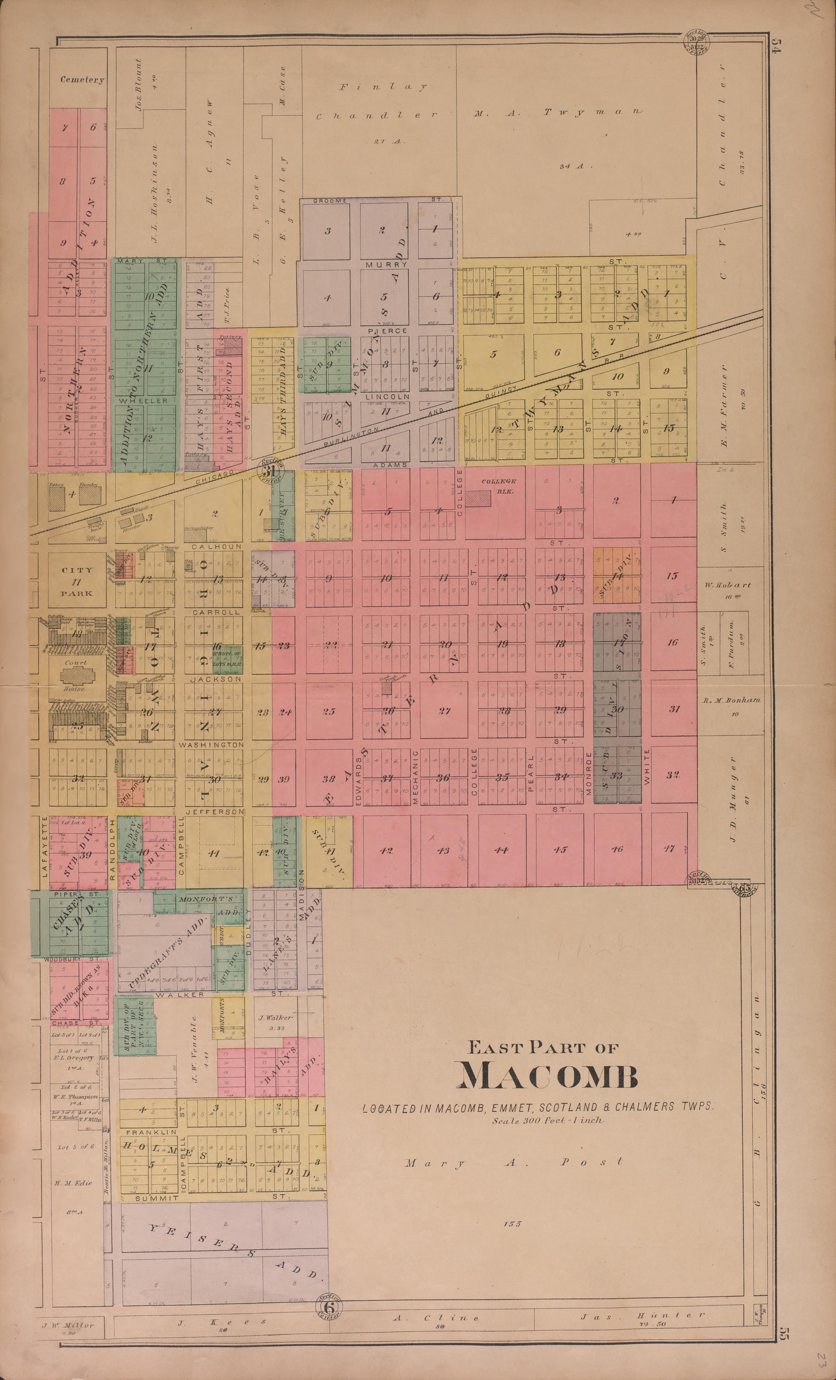 This old map of Illinois, McDonough County, was created by Balliet & Volk|Bourquin, F. (Frederick)|Geo. A. Ogle & Co|Occidental Publishing Company in 1893