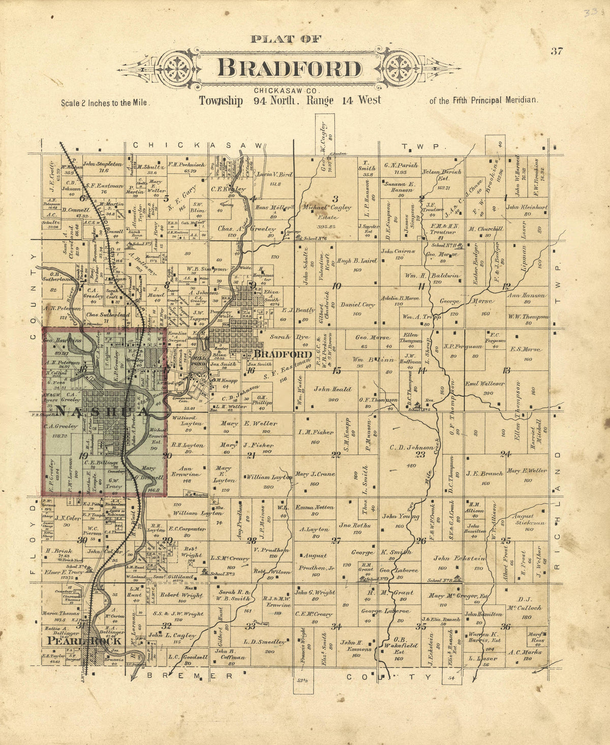 Plat of Bradford from Plat Book of Chickasaw County, Iowa : Drawn from Actual Surveys & County Records 1892 by Relic Map Company