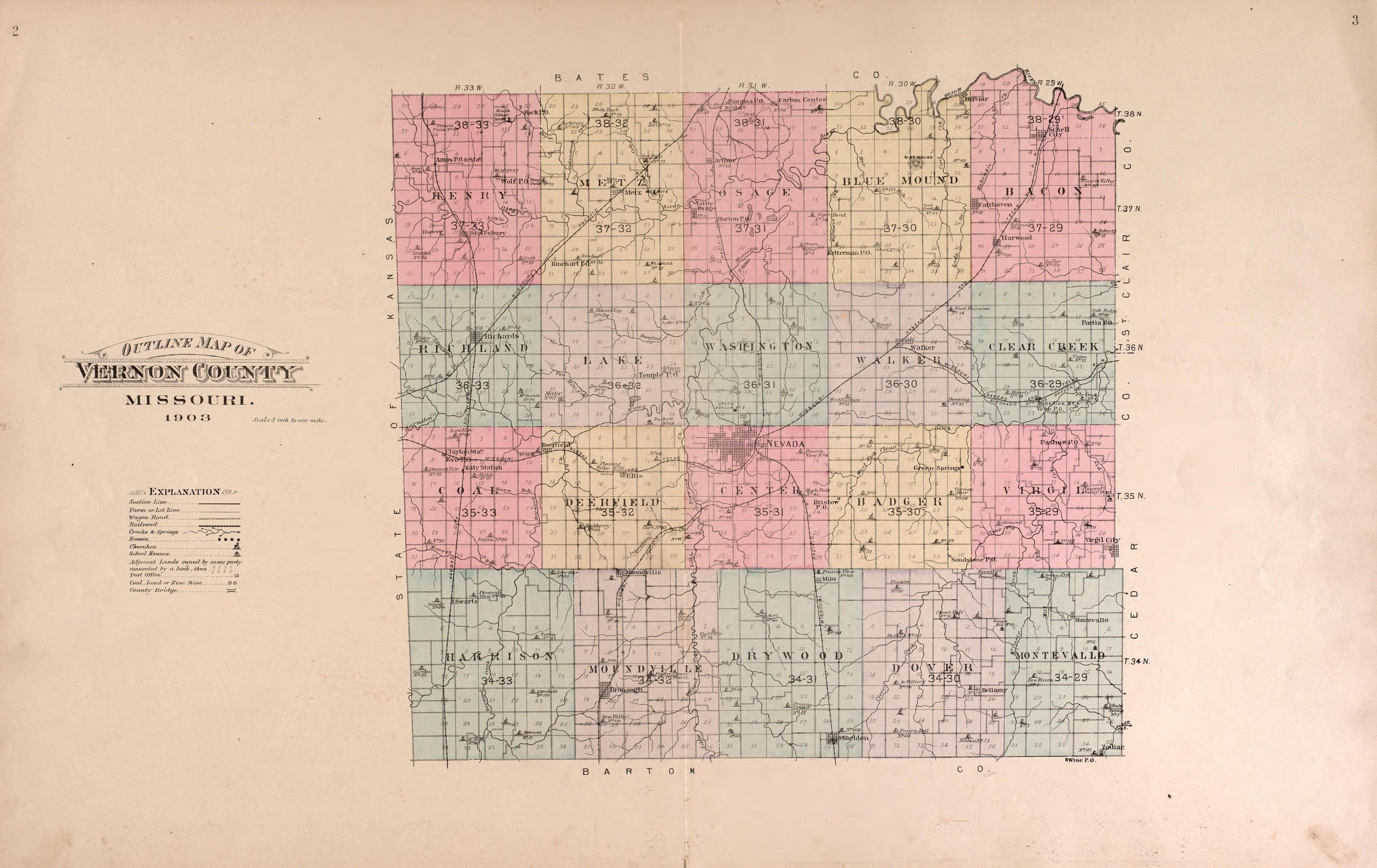 Outline Map of Vernon County from Plat Book of Vernon County, Missouri : Compiled from County Records and Actual Surveys 1903 by Relic Map Company