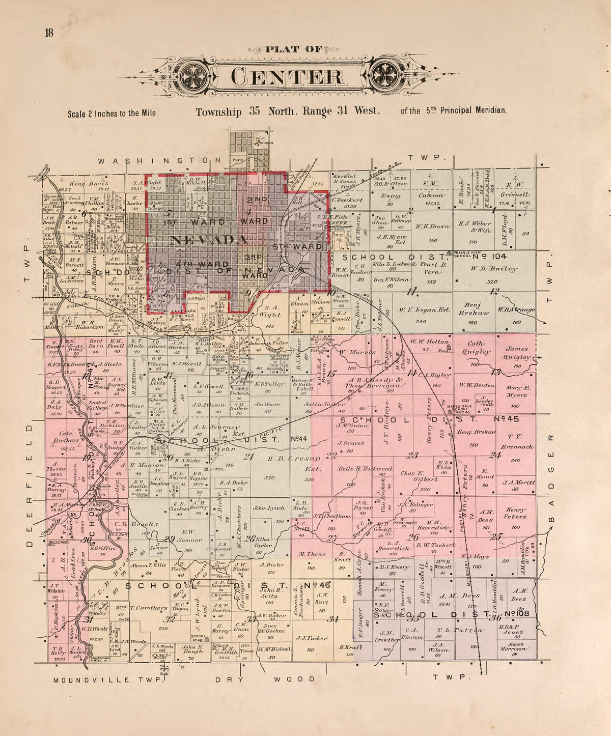 Center from Plat Book of Vernon County, Missouri : Compiled from County Records and Actual Surveys 1903 by Relic Map Company