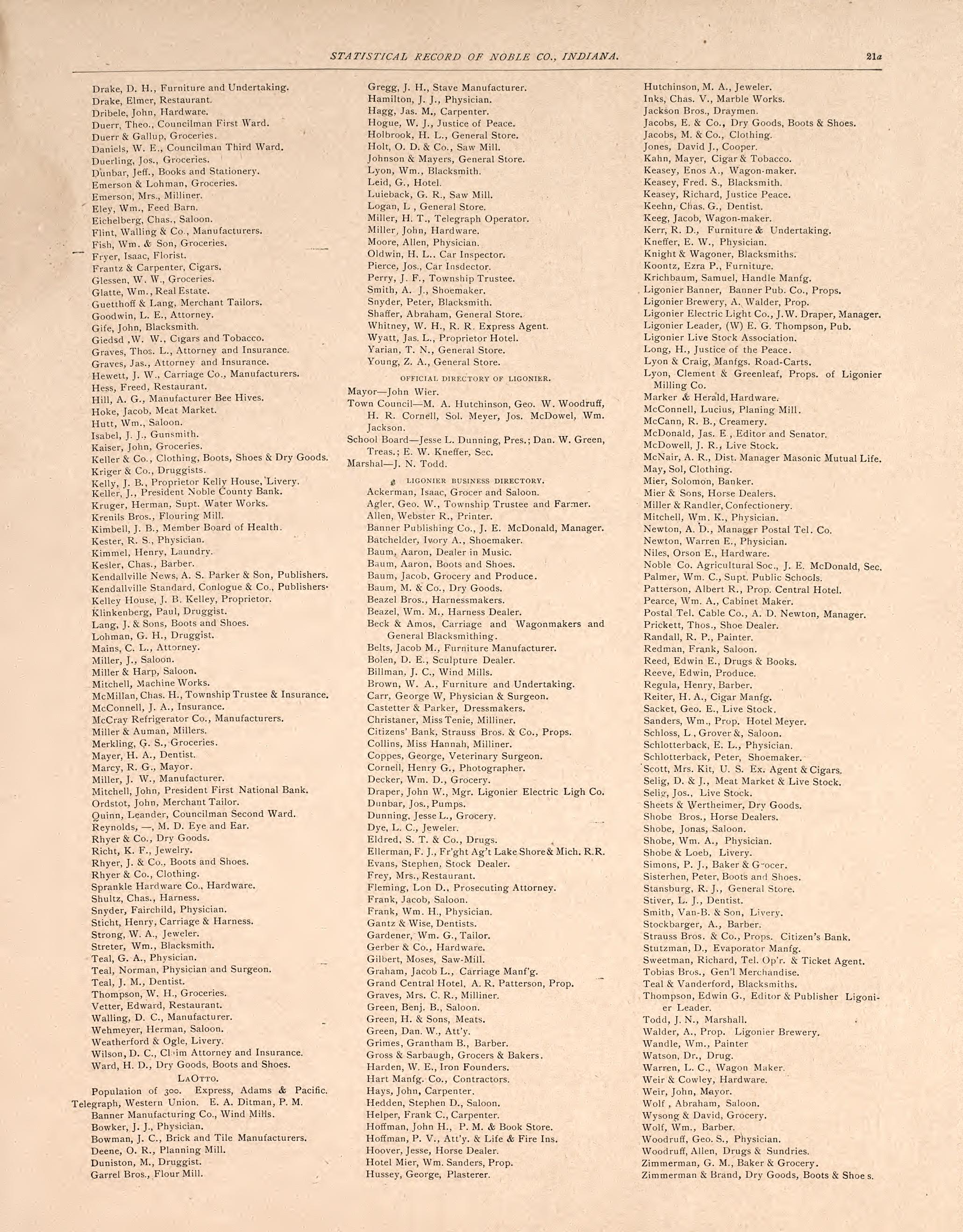Statistical Record from Plat Book and Statistical Record of Noble County, Indiana : Containing a Brief History of the County, Townships, Cities and Larger Towns, Together With a Large Map of Indiana and Outline Map … 1893 by Relic Map Company