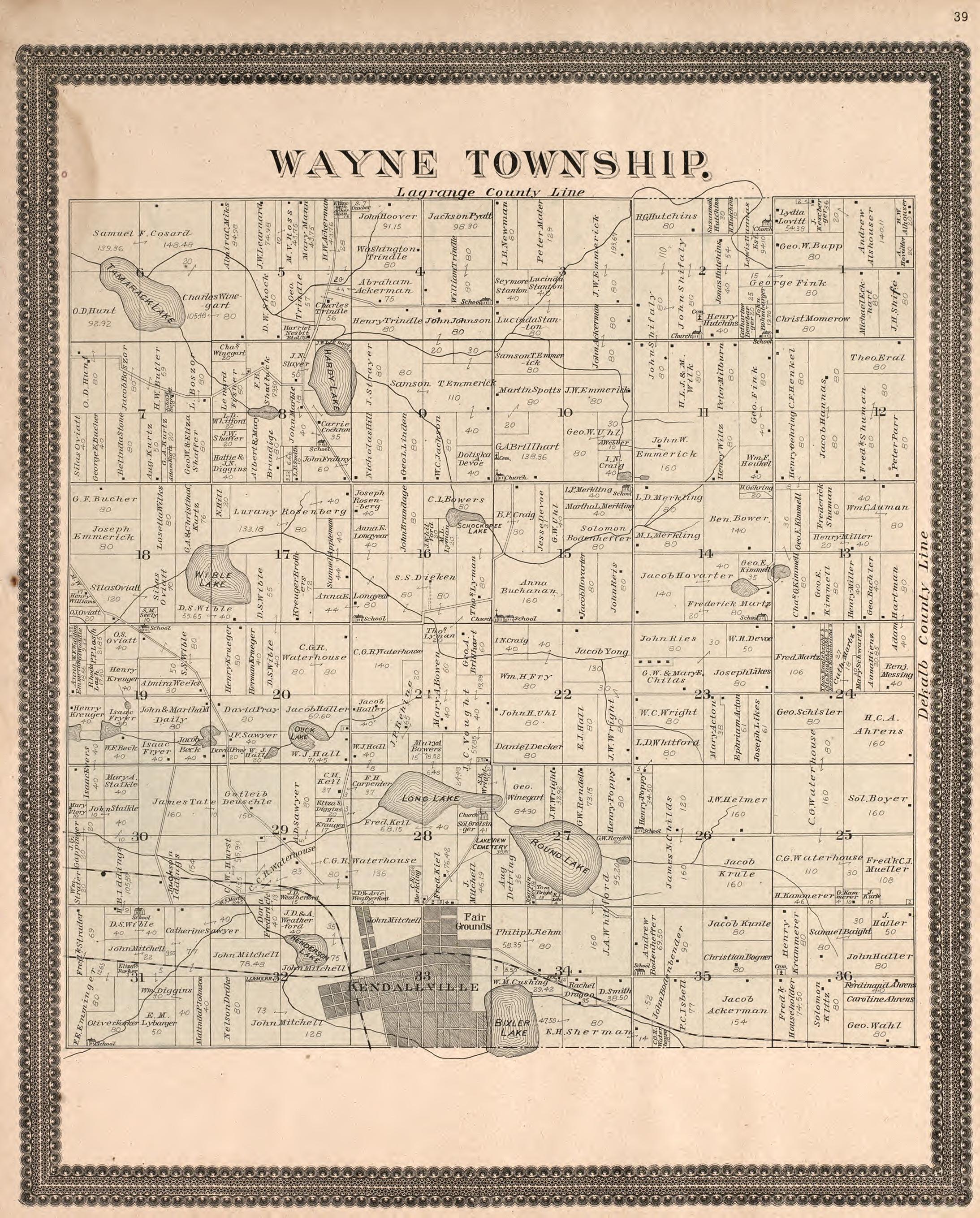 Wayne Township from Plat Book and Statistical Record of Noble County, Indiana : Containing a Brief History of the County, Townships, Cities and Larger Towns, Together With a Large Map of Indiana and Outline Map … 1893 by Relic Map Company