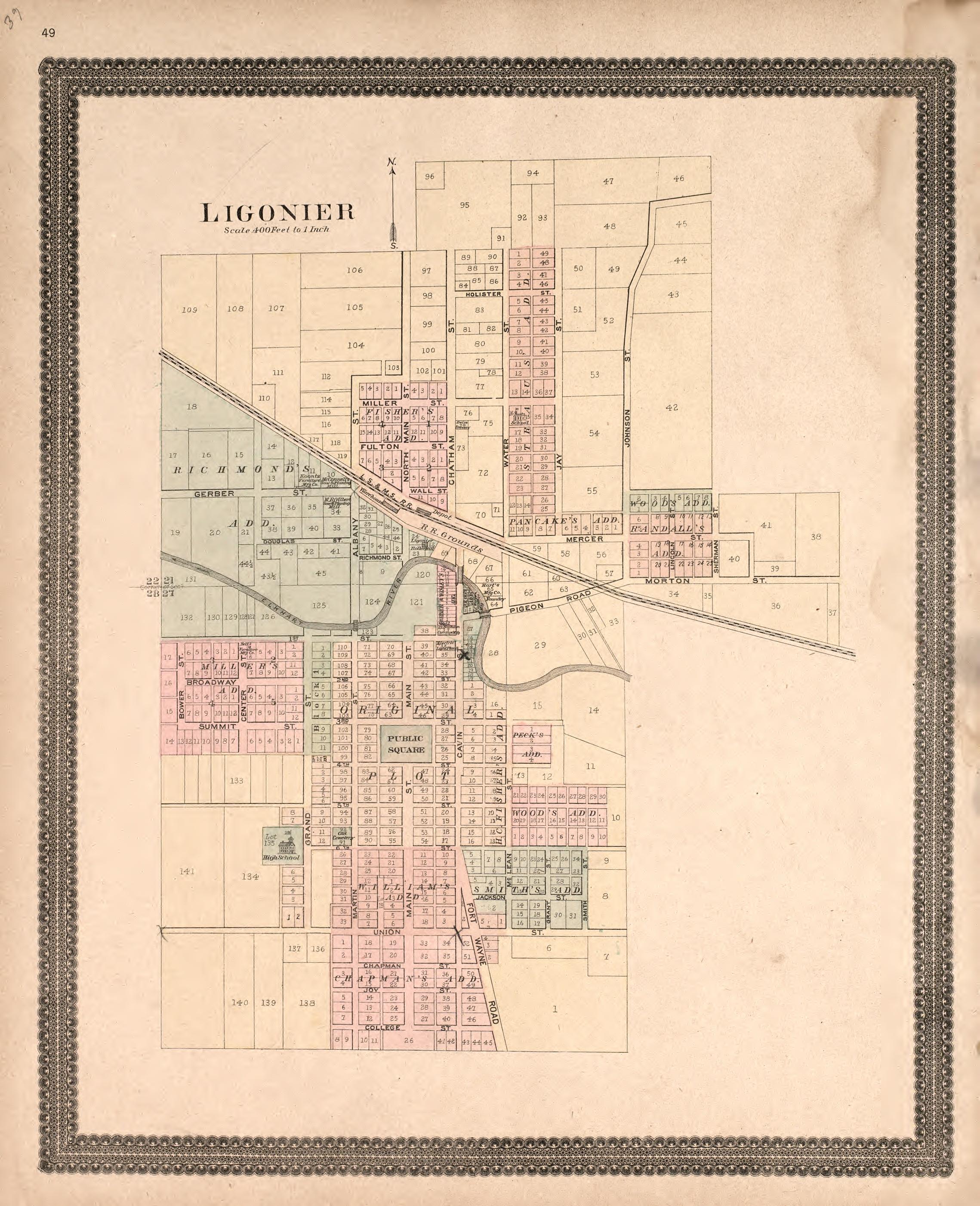 Ligonier from Plat Book and Statistical Record of Noble County, Indiana : Containing a Brief History of the County, Townships, Cities and Larger Towns, Together With a Large Map of Indiana and Outline Map … 1893 by Relic Map Company
