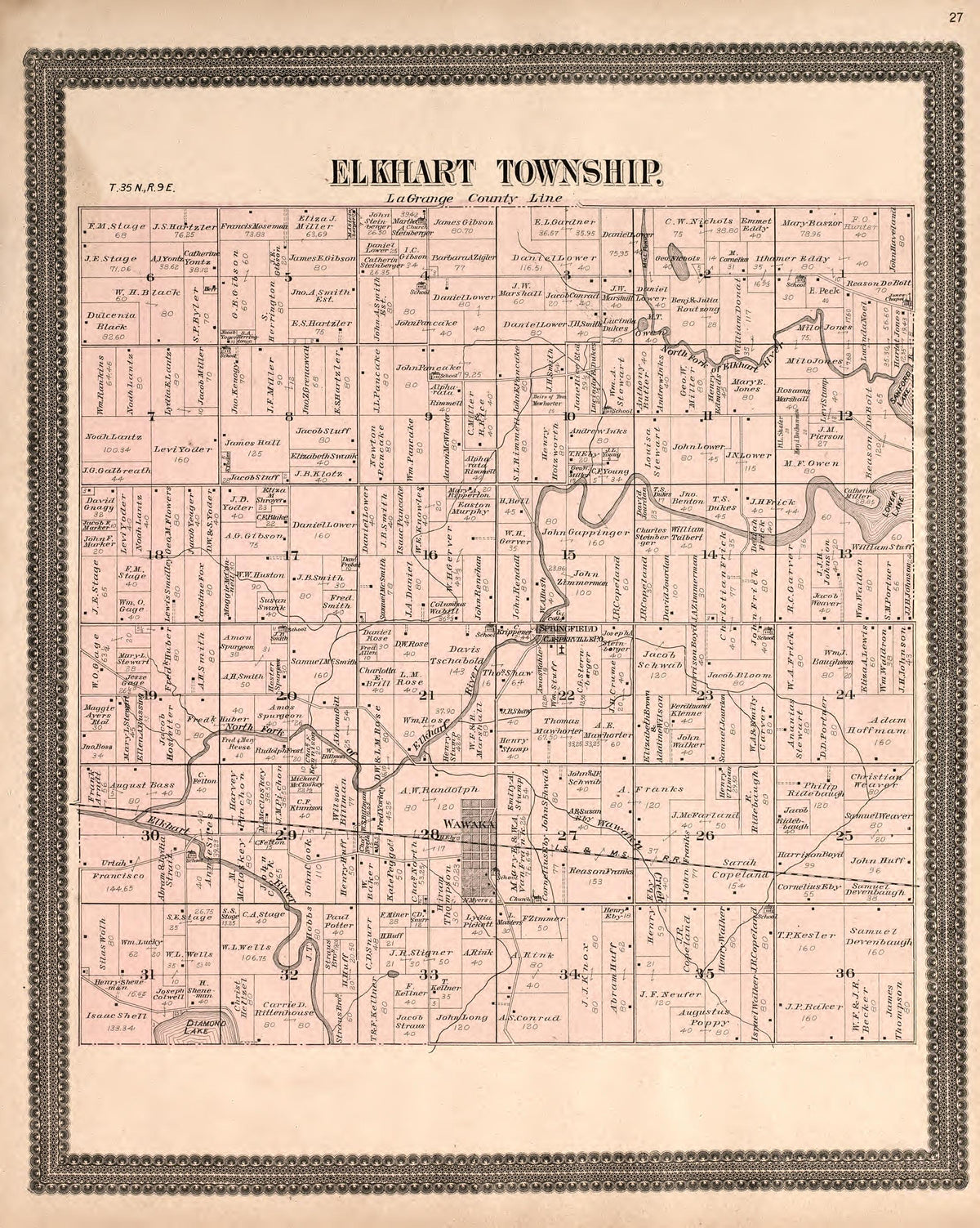 Elkhart Township from Plat Book and Statistical Record of Noble County, Indiana : Containing a Brief History of the County, Townships, Cities and Larger Towns, Together With a Large Map of Indiana and Outline Map … 1893 by Relic Map Company