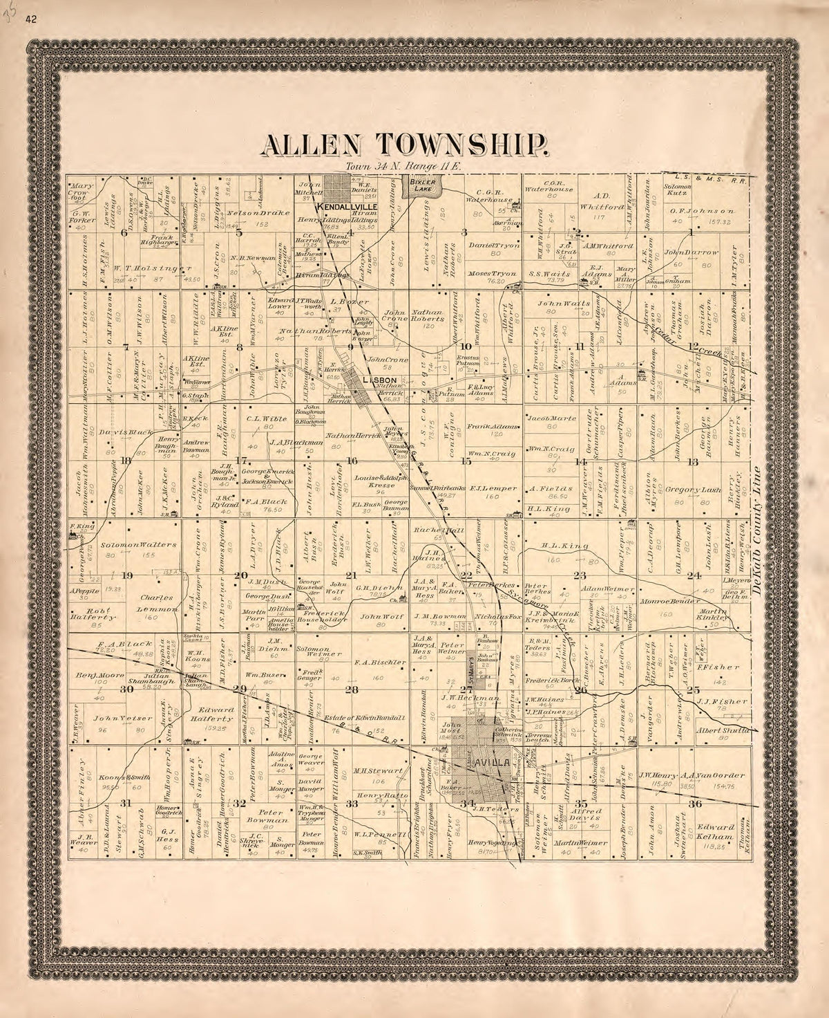 Allen Township from Plat Book and Statistical Record of Noble County, Indiana : Containing a Brief History of the County, Townships, Cities and Larger Towns, Together With a Large Map of Indiana and Outline Map … 1893 by Relic Map Company