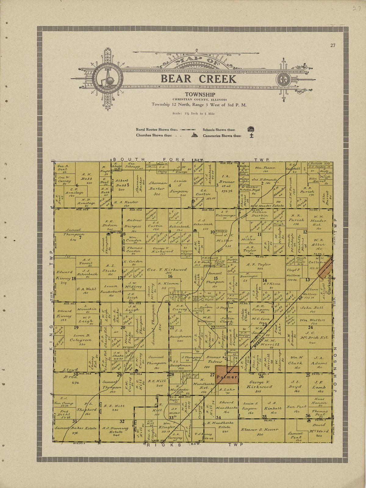 Map of Bear Creek Township from Plat Book and Complete Survey of Christian County, Illinois : Containing Plats of All Townships With Owners&