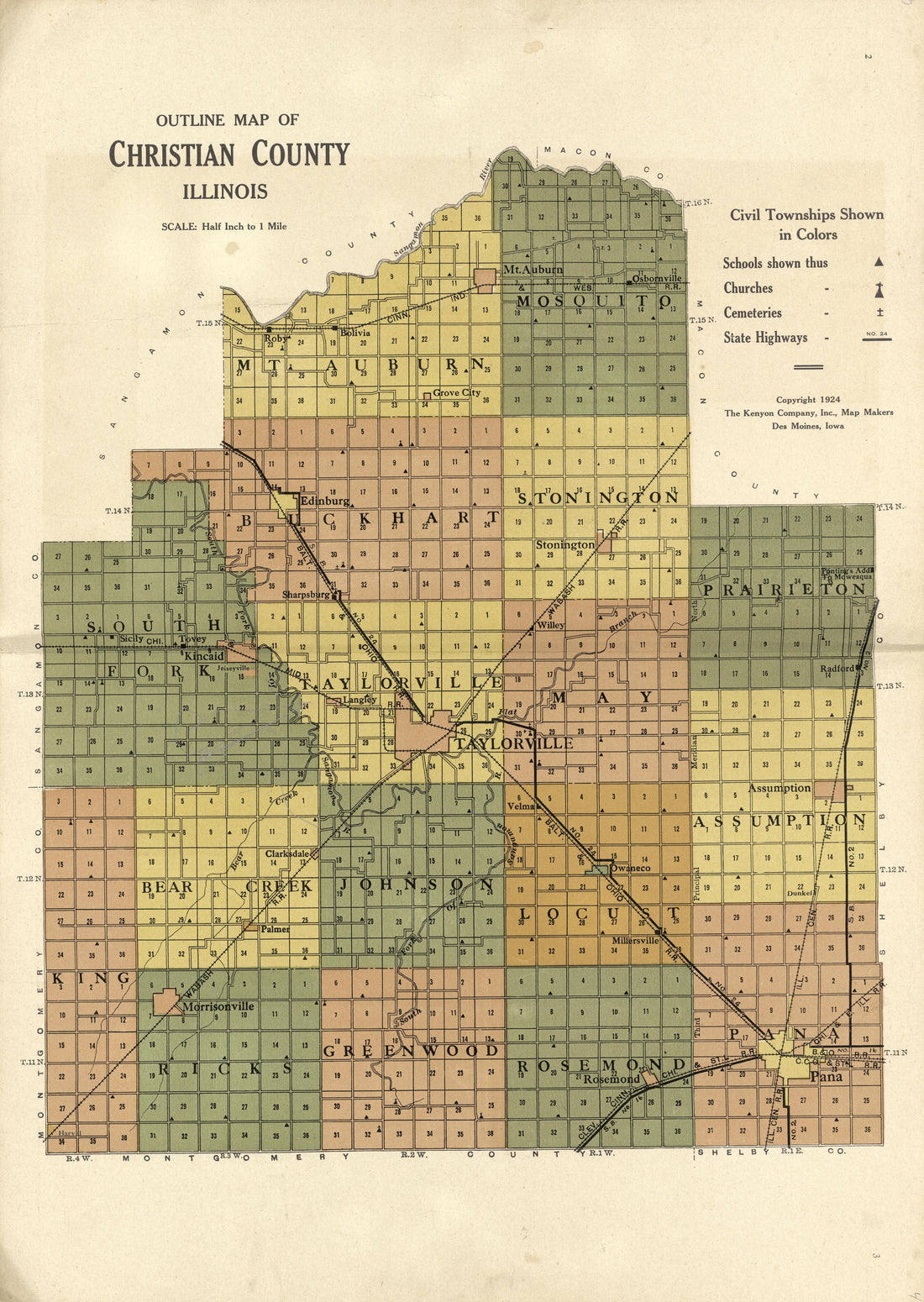This old map of Christian County, Illinois, was created by Kenyon Company (Des Moines, Iowa) in 1924