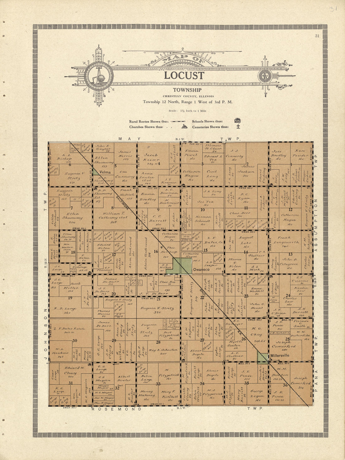 This old map of Christian County, Illinois, was created by Kenyon Company (Des Moines, Iowa) in 1924