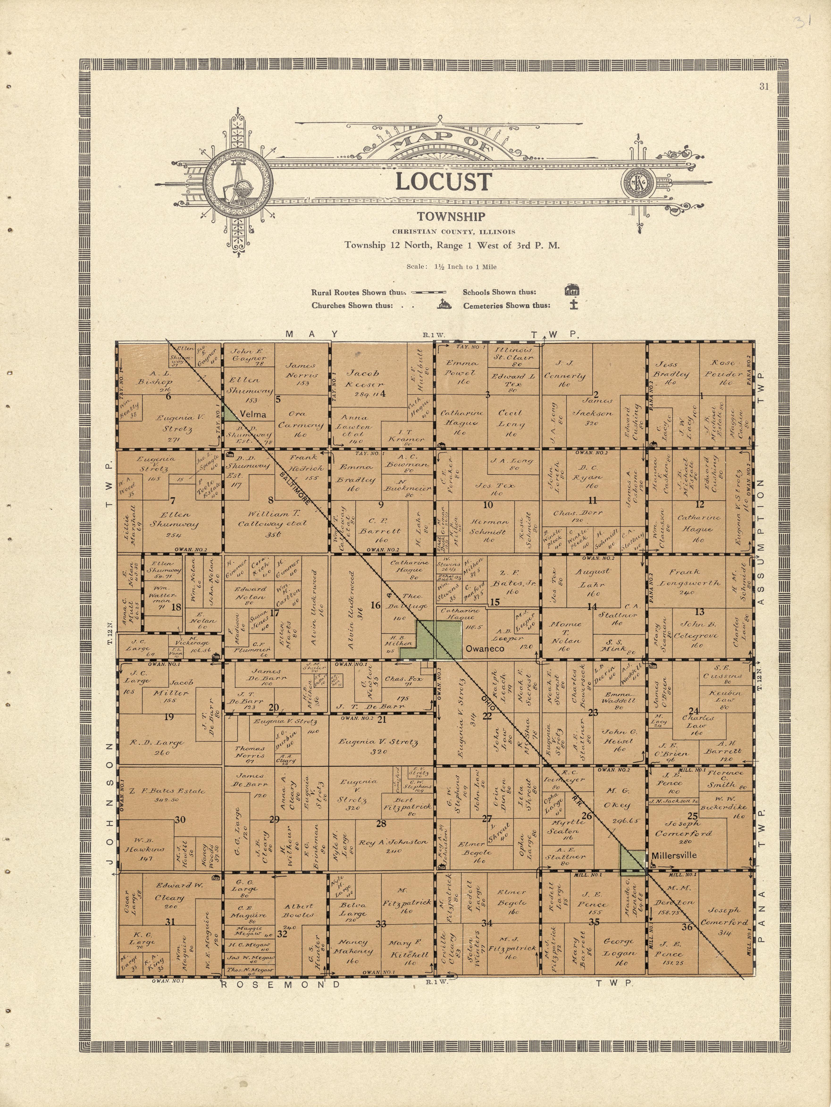 This old map of Christian County, Illinois, was created by Kenyon Company (Des Moines, Iowa) in 1924