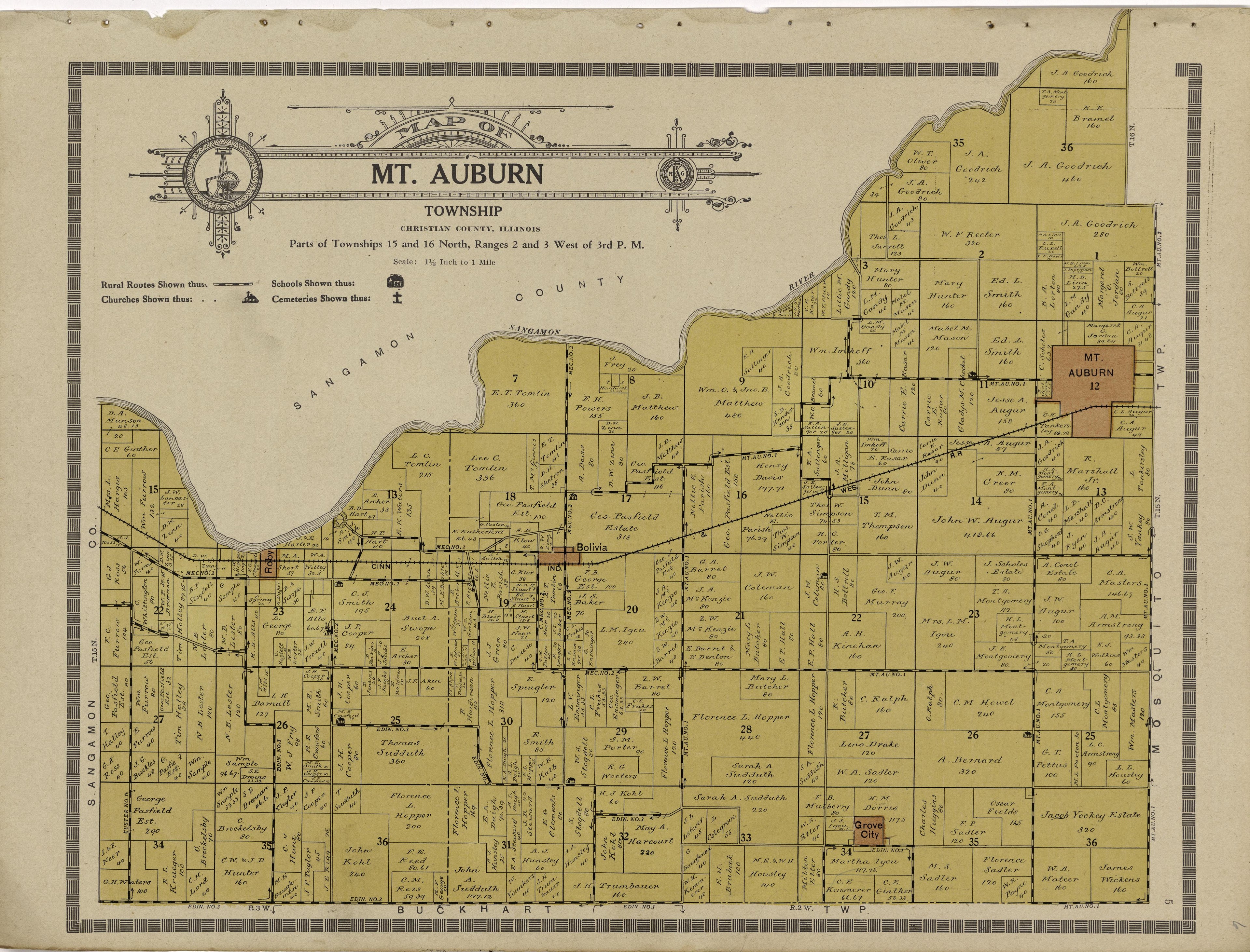 This old map of Christian County, Illinois, was created by Kenyon Company (Des Moines, Iowa) in 1924