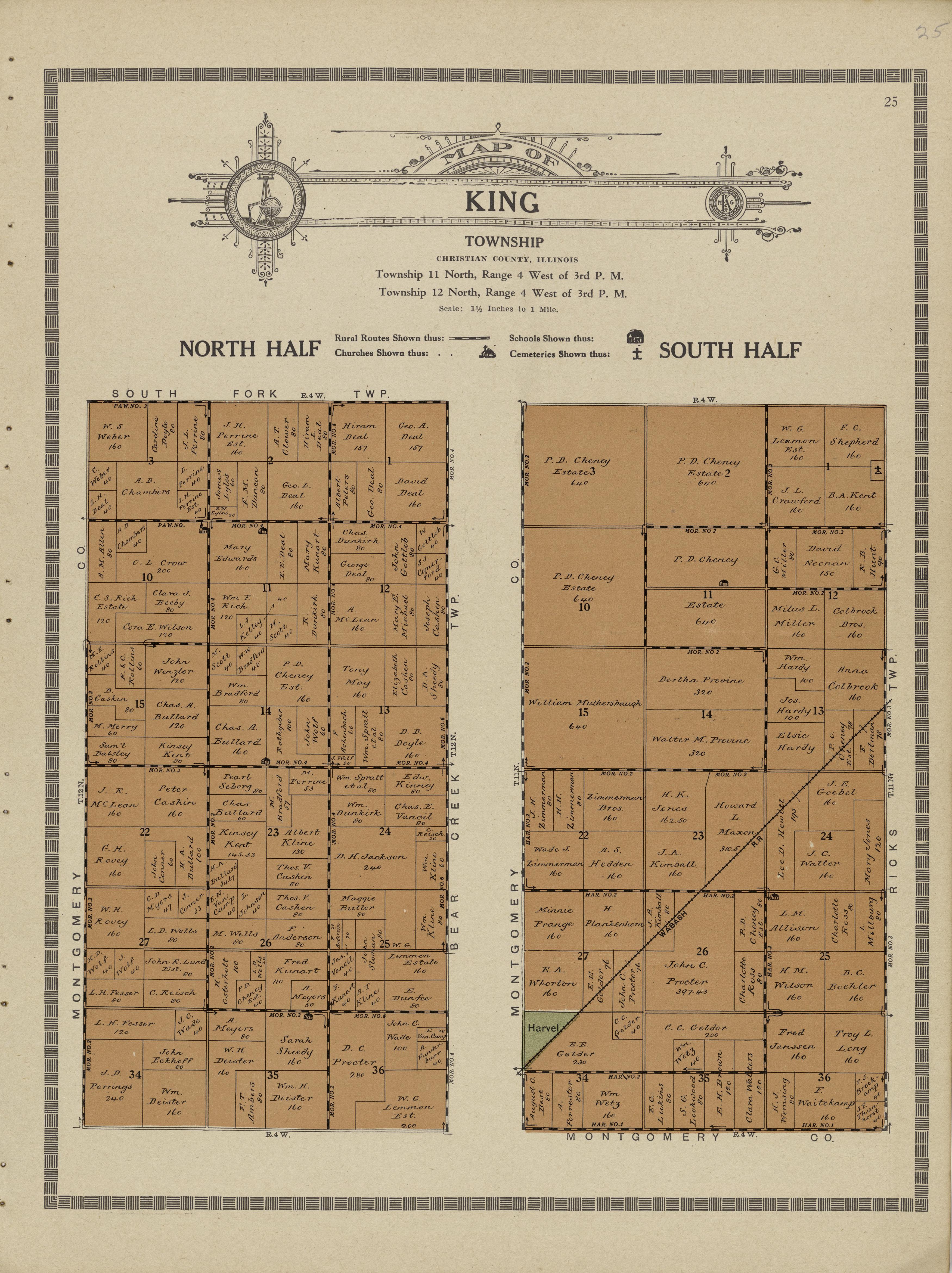 This old map of Christian County, Illinois, was created by Kenyon Company (Des Moines, Iowa) in 1924