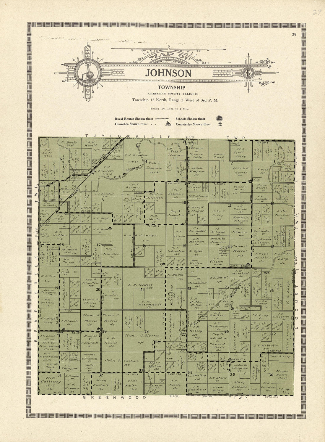 This old map of Christian County, Illinois, was created by Kenyon Company (Des Moines, Iowa) in 1924