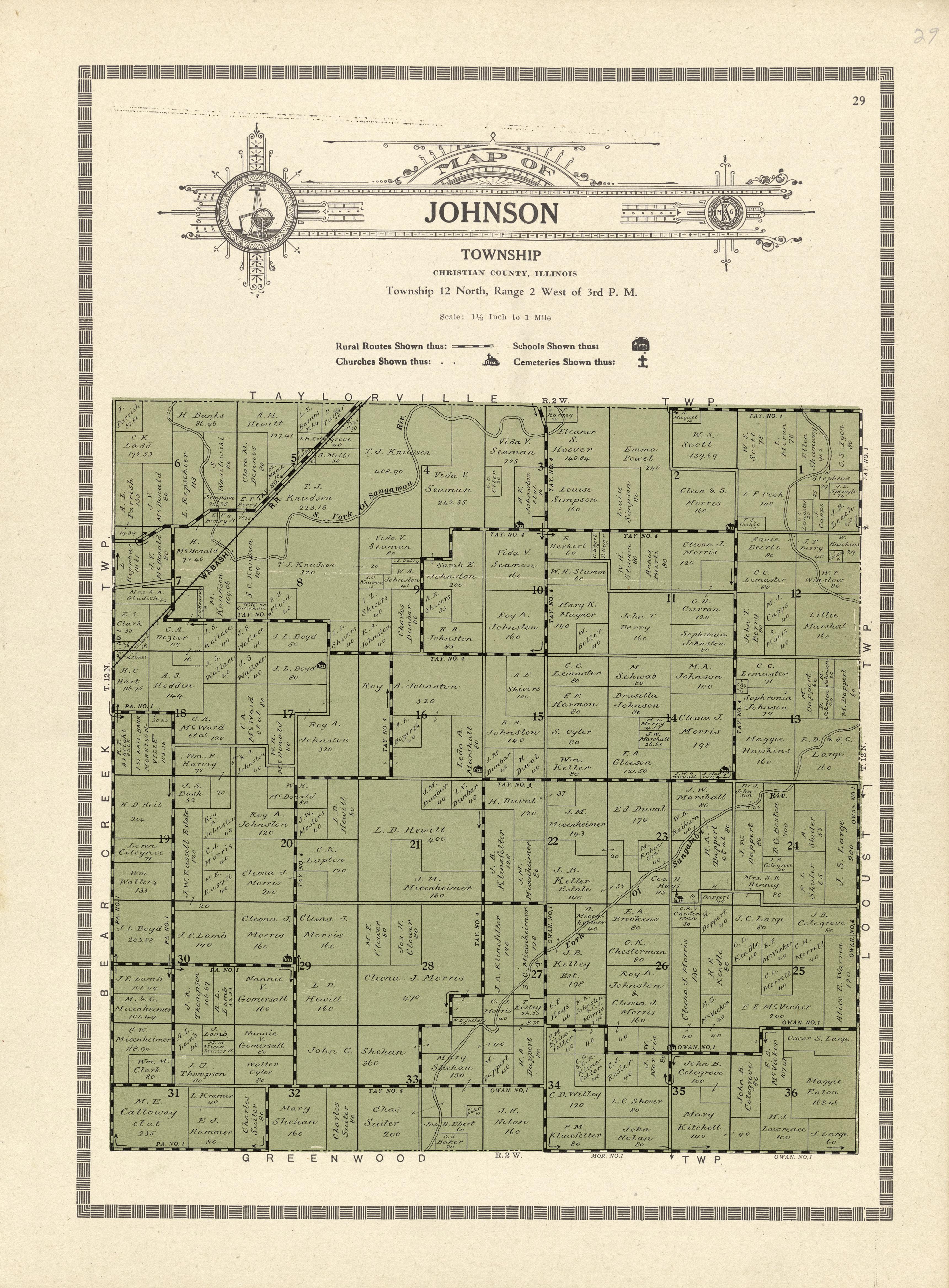 This old map of Christian County, Illinois, was created by Kenyon Company (Des Moines, Iowa) in 1924