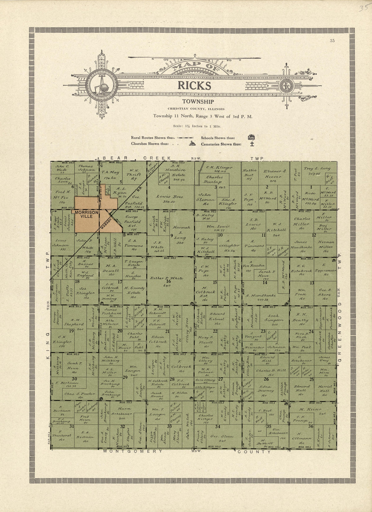 Map of Ricks Township from Plat Book and Complete Survey of Christian County, Illinois : Containing Plats of All Townships With Owners&