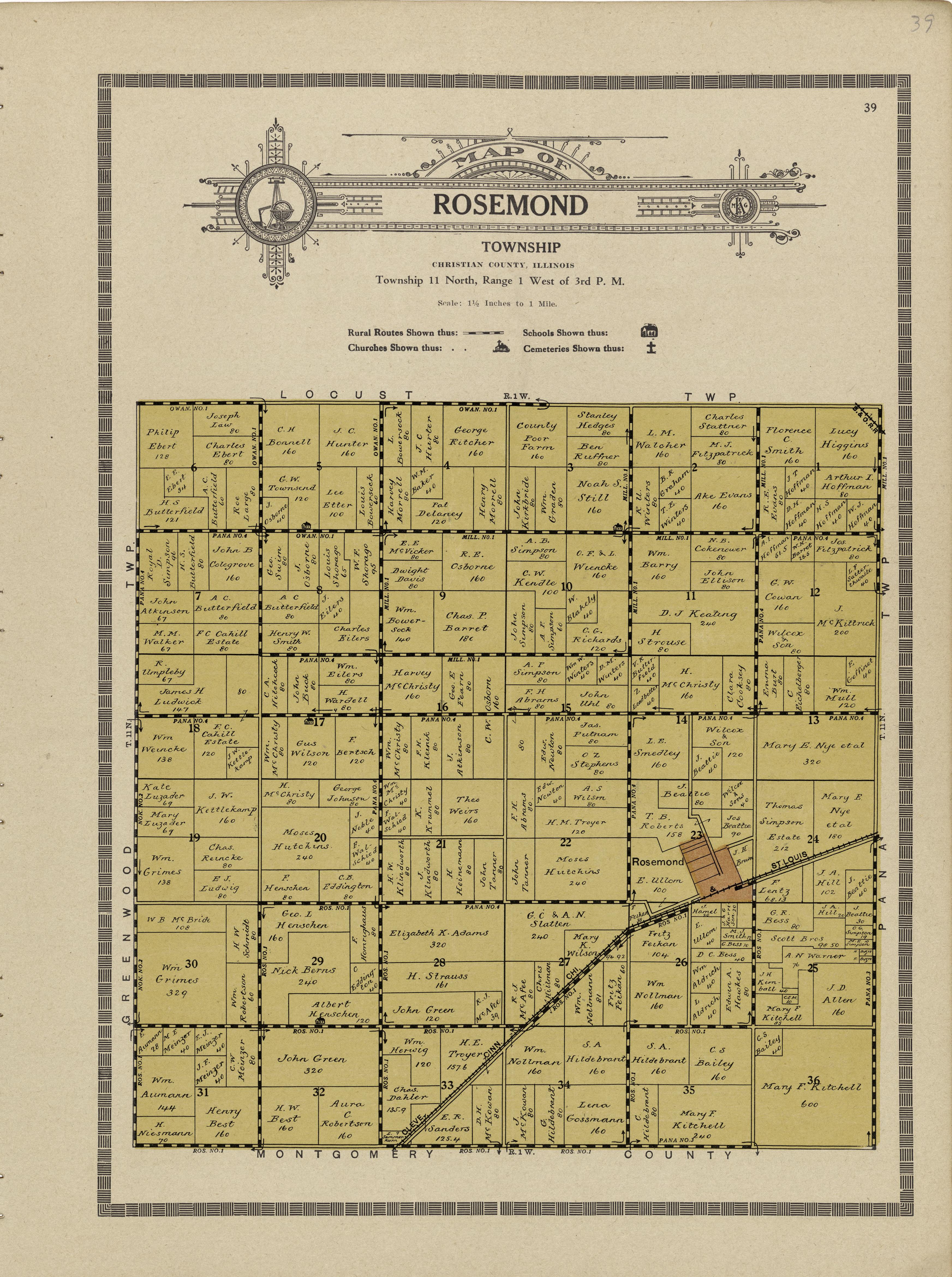 Map of Rosemond Township from Plat Book and Complete Survey of Christian County, Illinois : Containing Plats of All Townships With Owners&