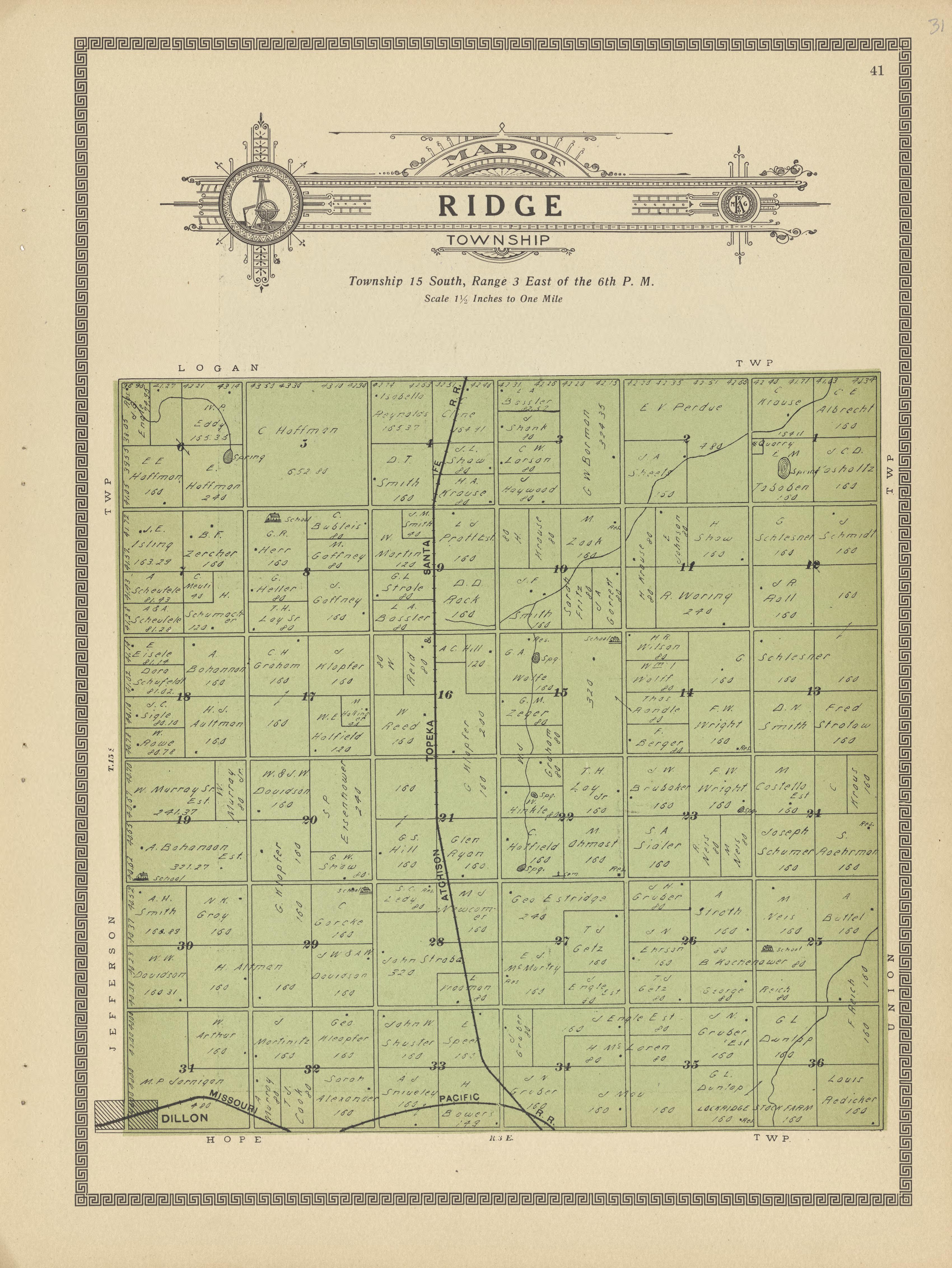 Ridge Township from Plat Book and Complete Survey of Dickinson County, Kansas : Containing Plats of Townships and Incorporated Towns, Also Maps of the State, United States and World, With an Outline Map of Dickinson … 1909 by Relic Map Company