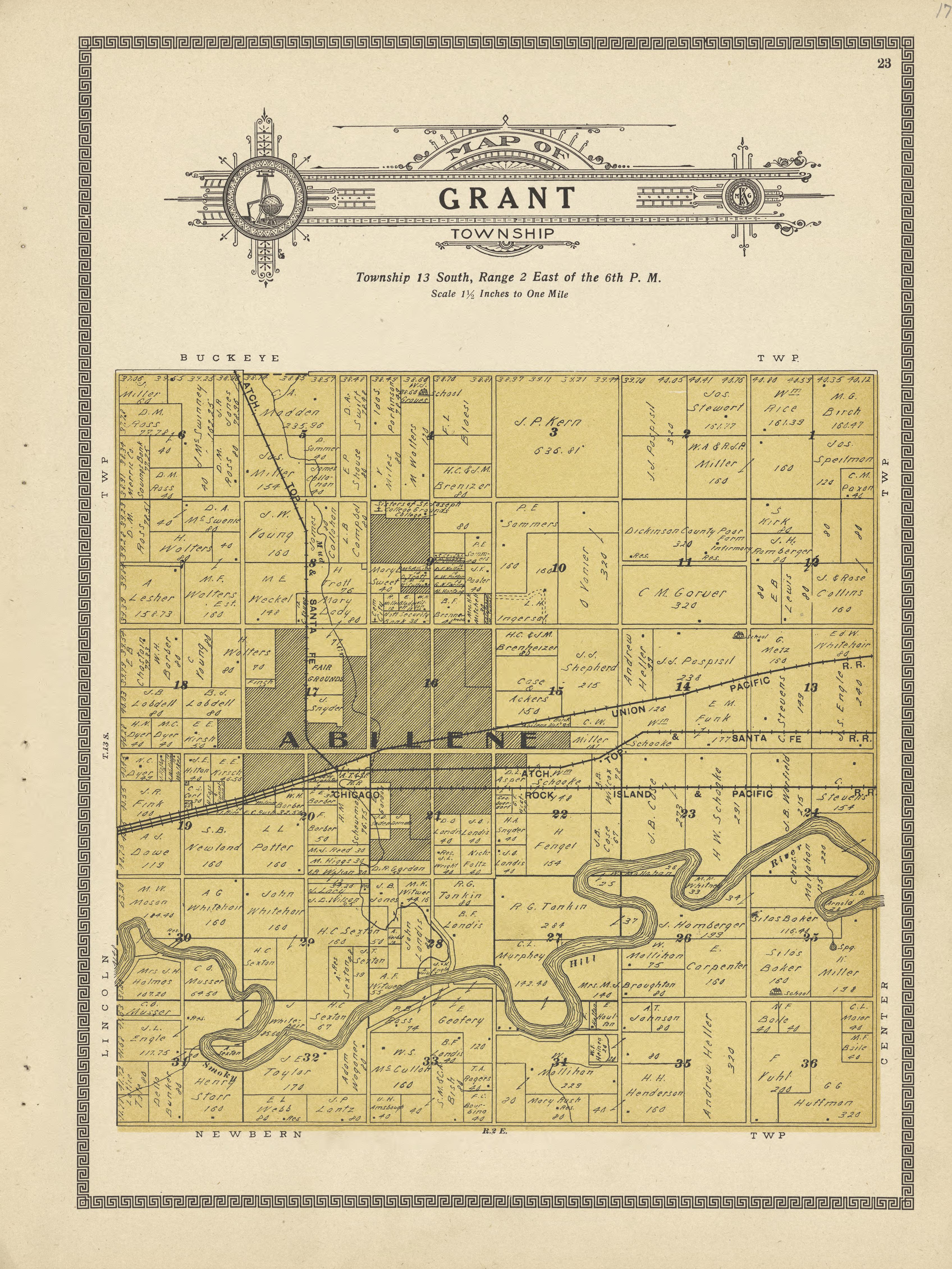 Grant Township from Plat Book and Complete Survey of Dickinson County, Kansas : Containing Plats of Townships and Incorporated Towns, Also Maps of the State, United States and World, With an Outline Map of Dickinson … 1909 by Relic Map Company