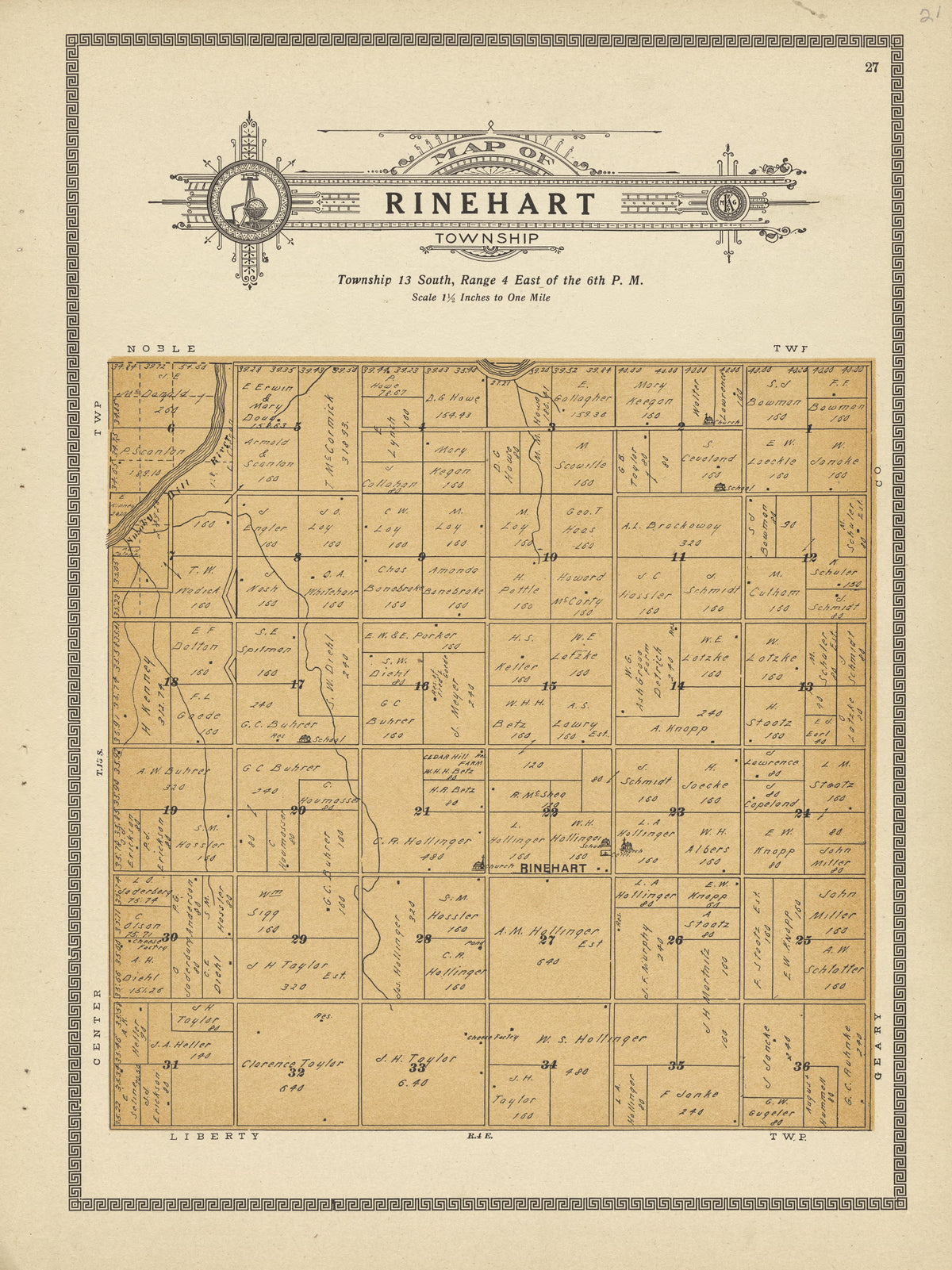 Rinehart Township from Plat Book and Complete Survey of Dickinson County, Kansas : Containing Plats of Townships and Incorporated Towns, Also Maps of the State, United States and World, With an Outline Map of Dickinson … 1909 by Relic Map Company