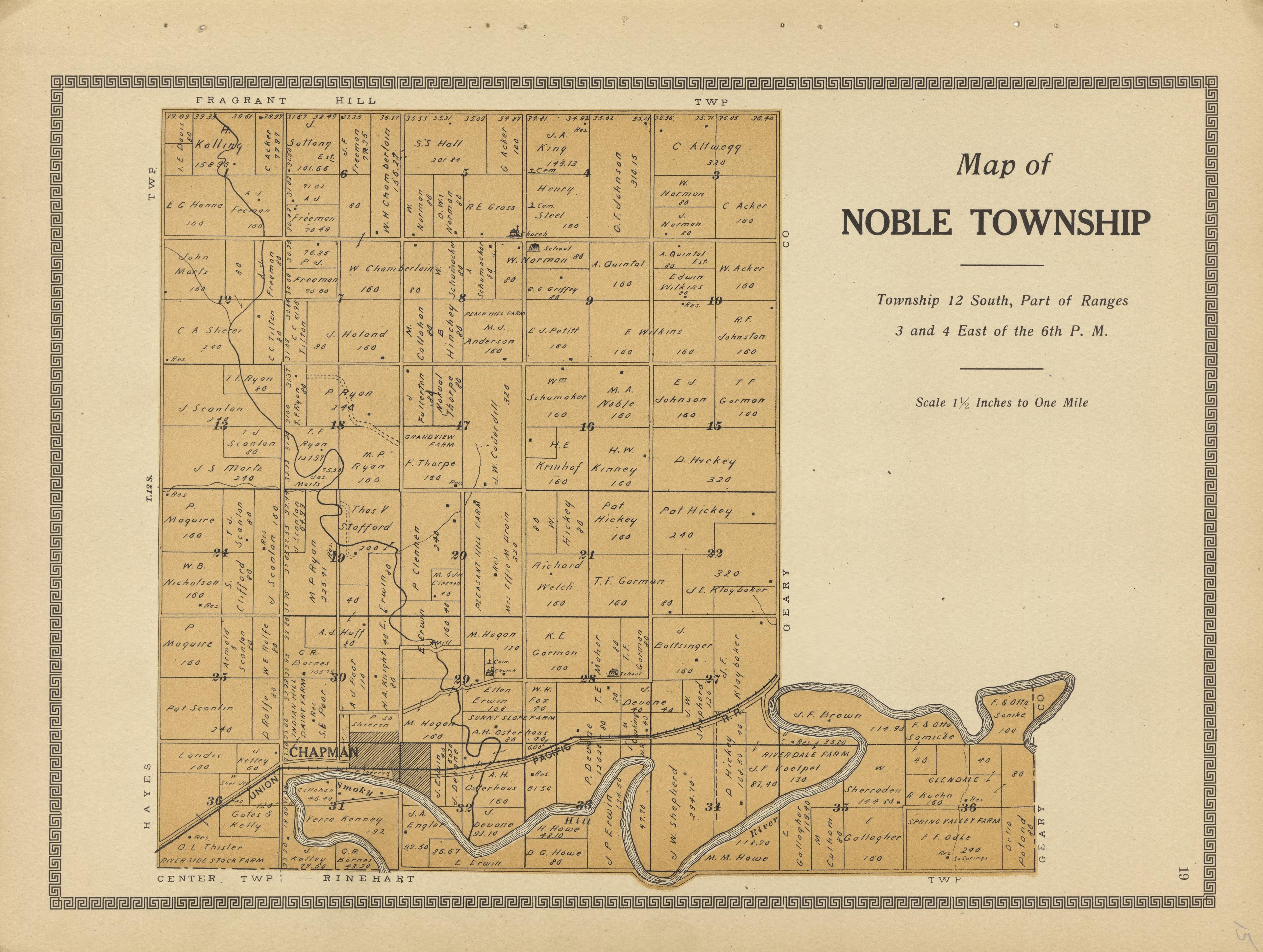 Noble Township from Plat Book and Complete Survey of Dickinson County, Kansas : Containing Plats of Townships and Incorporated Towns, Also Maps of the State, United States and World, With an Outline Map of Dickinson … 1909 by Relic Map Company