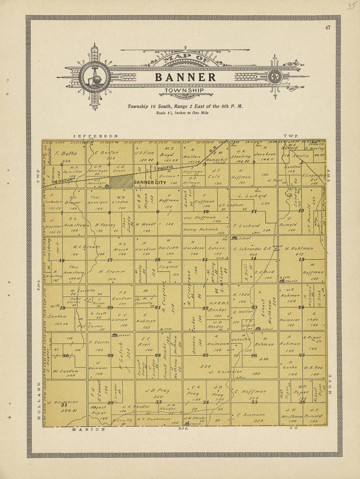 Banner Township from Plat Book and Complete Survey of Dickinson County, Kansas : Containing Plats of Townships and Incorporated Towns, Also Maps of the State, United States and World, With an Outline Map of Dickinson … 1909 by Relic Map Company