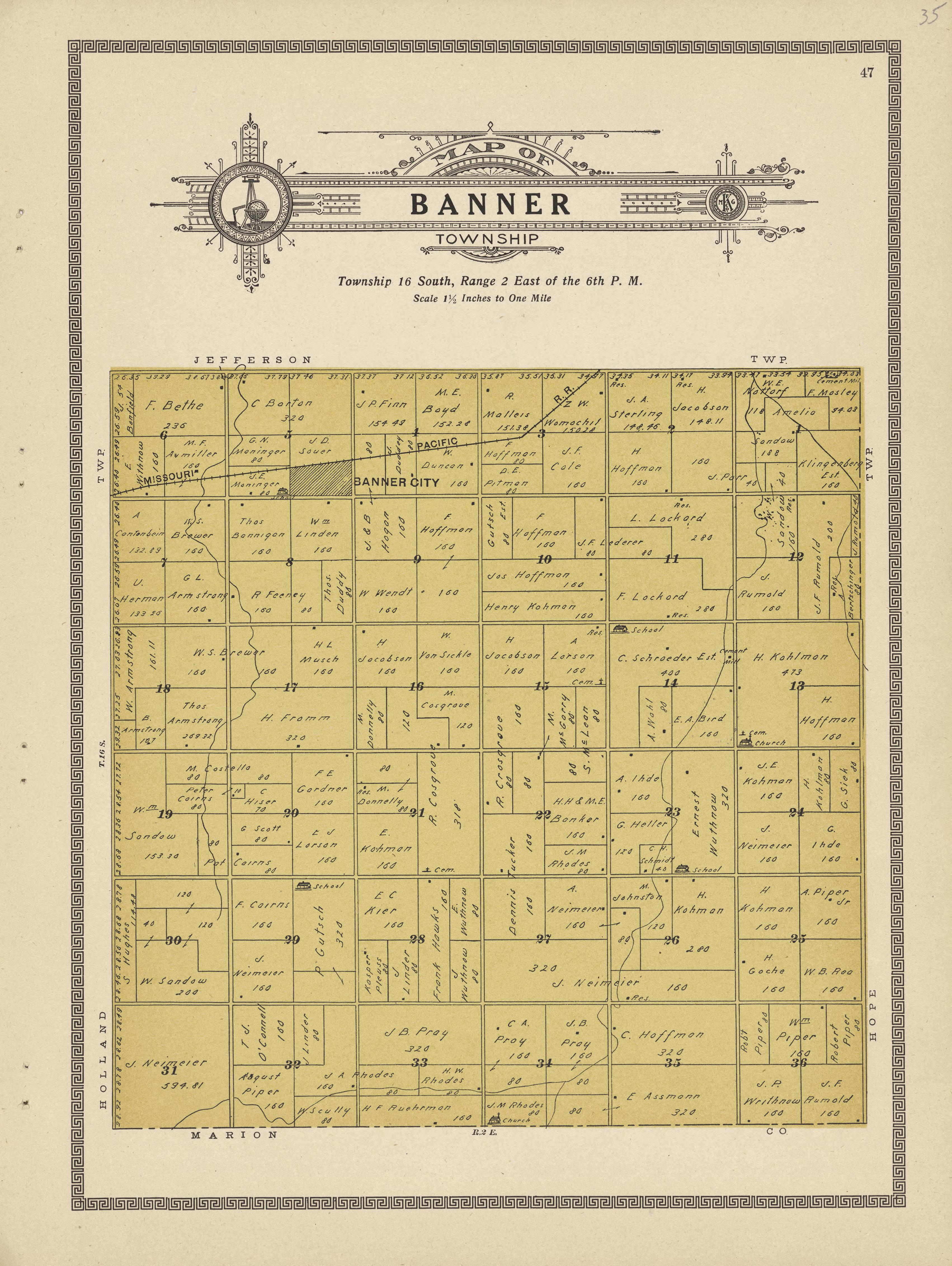 Banner Township from Plat Book and Complete Survey of Dickinson County, Kansas : Containing Plats of Townships and Incorporated Towns, Also Maps of the State, United States and World, With an Outline Map of Dickinson … 1909 by Relic Map Company