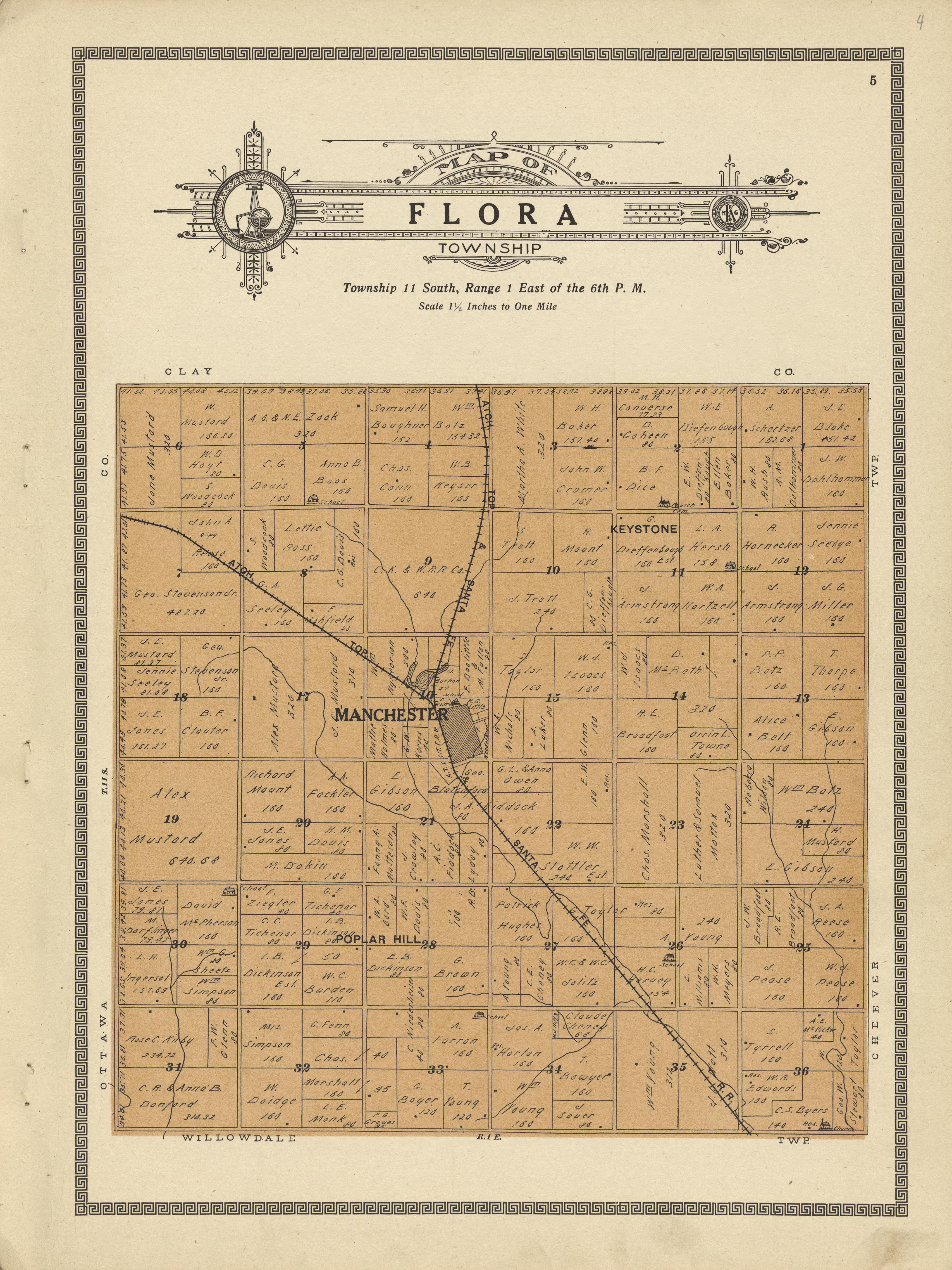Flora Township from Plat Book and Complete Survey of Dickinson County, Kansas : Containing Plats of Townships and Incorporated Towns, Also Maps of the State, United States and World, With an Outline Map of Dickinson … 1909 by Relic Map Company