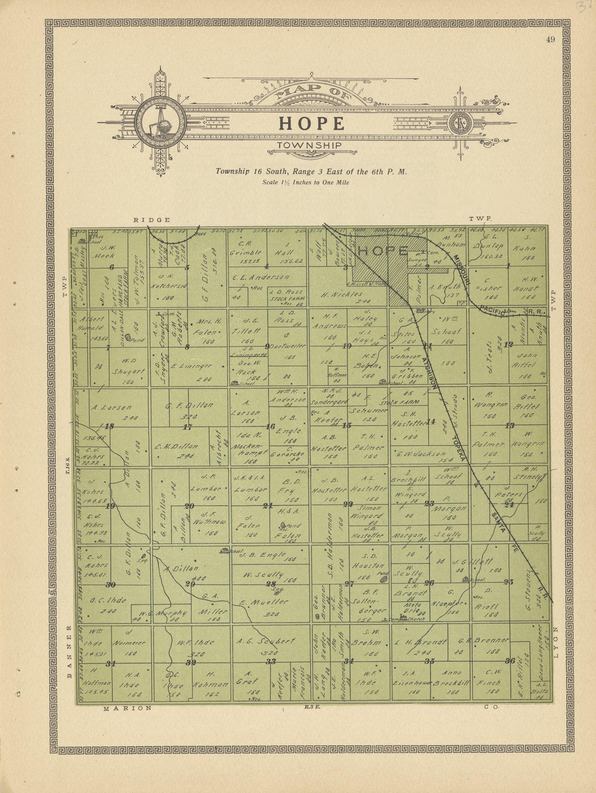 Hope Township from Plat Book and Complete Survey of Dickinson County, Kansas : Containing Plats of Townships and Incorporated Towns, Also Maps of the State, United States and World, With an Outline Map of Dickinson … 1909 by Relic Map Company
