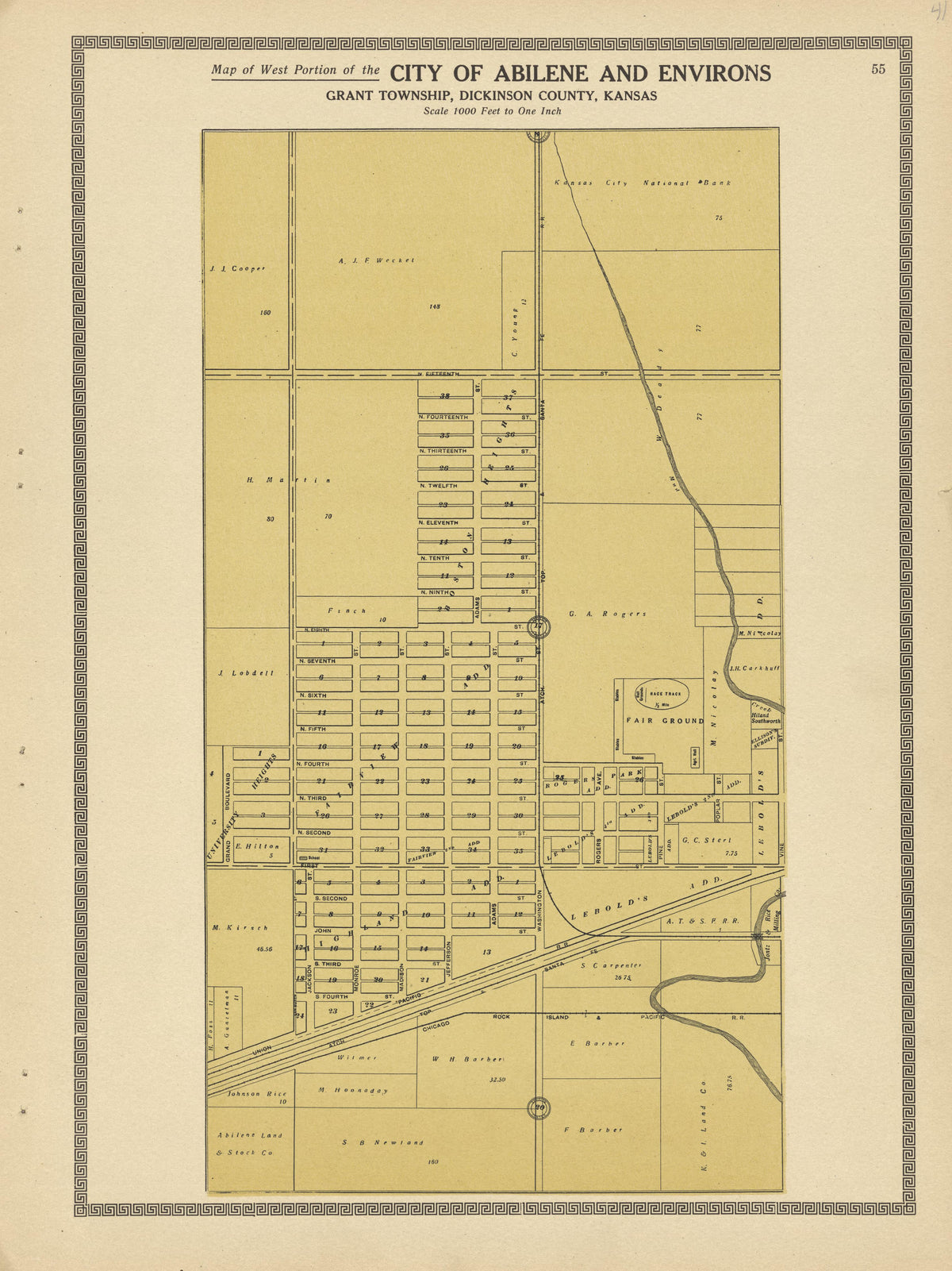 City of Abilene and Environs--continued from Plat Book and Complete Survey of Dickinson County, Kansas : Containing Plats of Townships and Incorporated Towns, Also Maps of the State, United States and World, With an Outline Map of Dickinson … 1909 by Relic Map Company