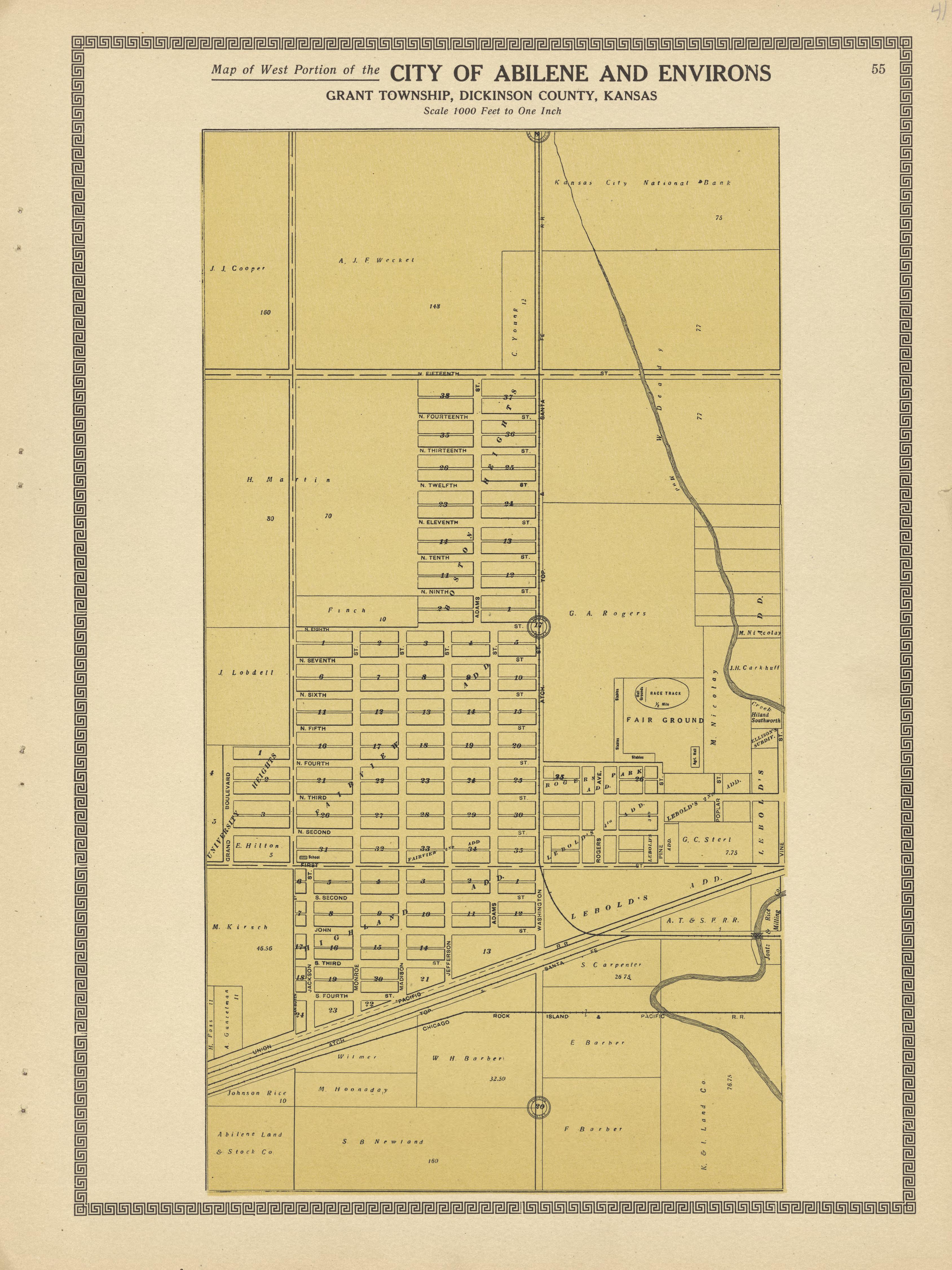 City of Abilene and Environs--continued from Plat Book and Complete Survey of Dickinson County, Kansas : Containing Plats of Townships and Incorporated Towns, Also Maps of the State, United States and World, With an Outline Map of Dickinson … 1909 by Relic Map Company