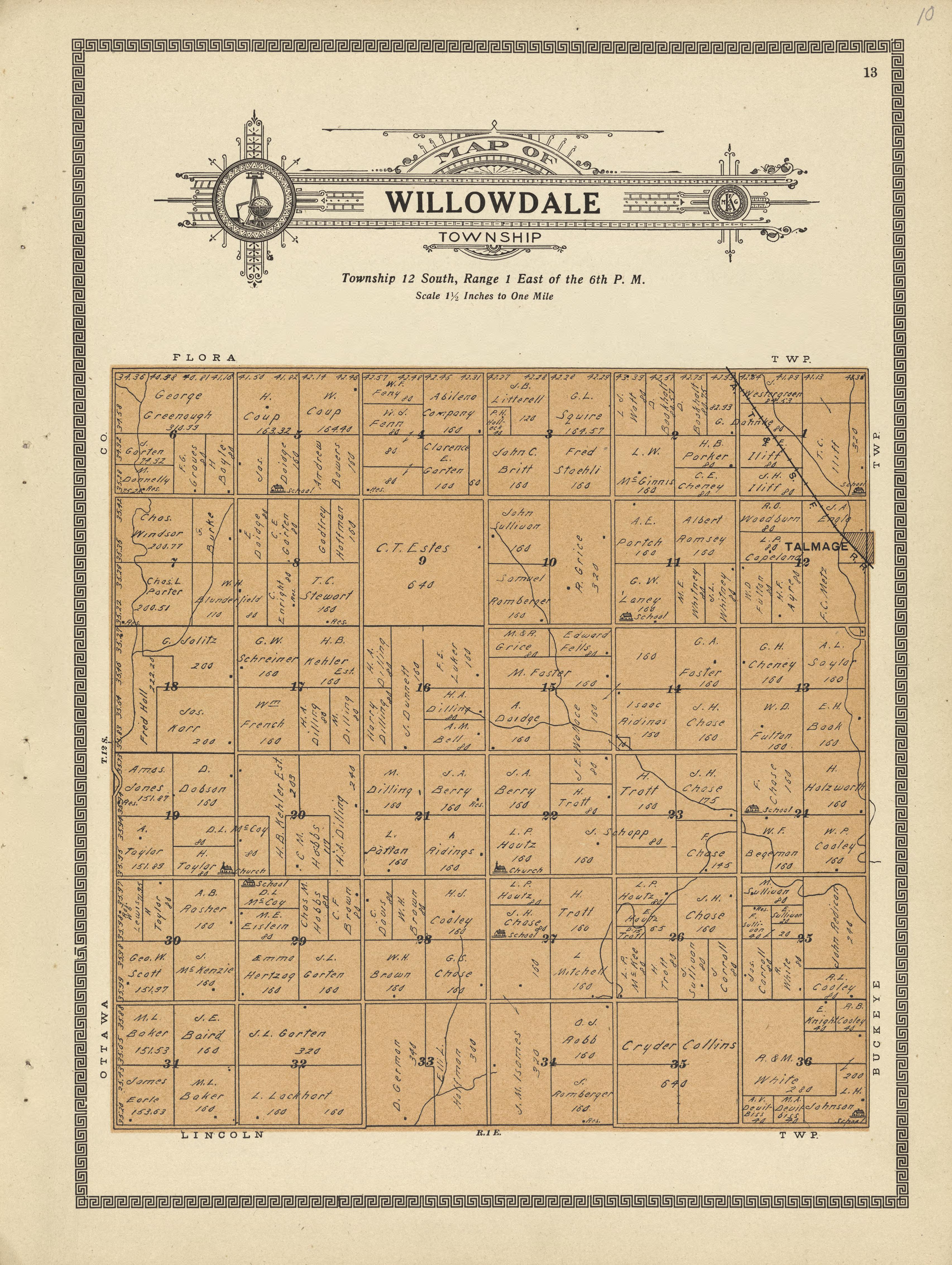 Willowdale Township from Plat Book and Complete Survey of Dickinson County, Kansas : Containing Plats of Townships and Incorporated Towns, Also Maps of the State, United States and World, With an Outline Map of Dickinson … 1909 by Relic Map Company