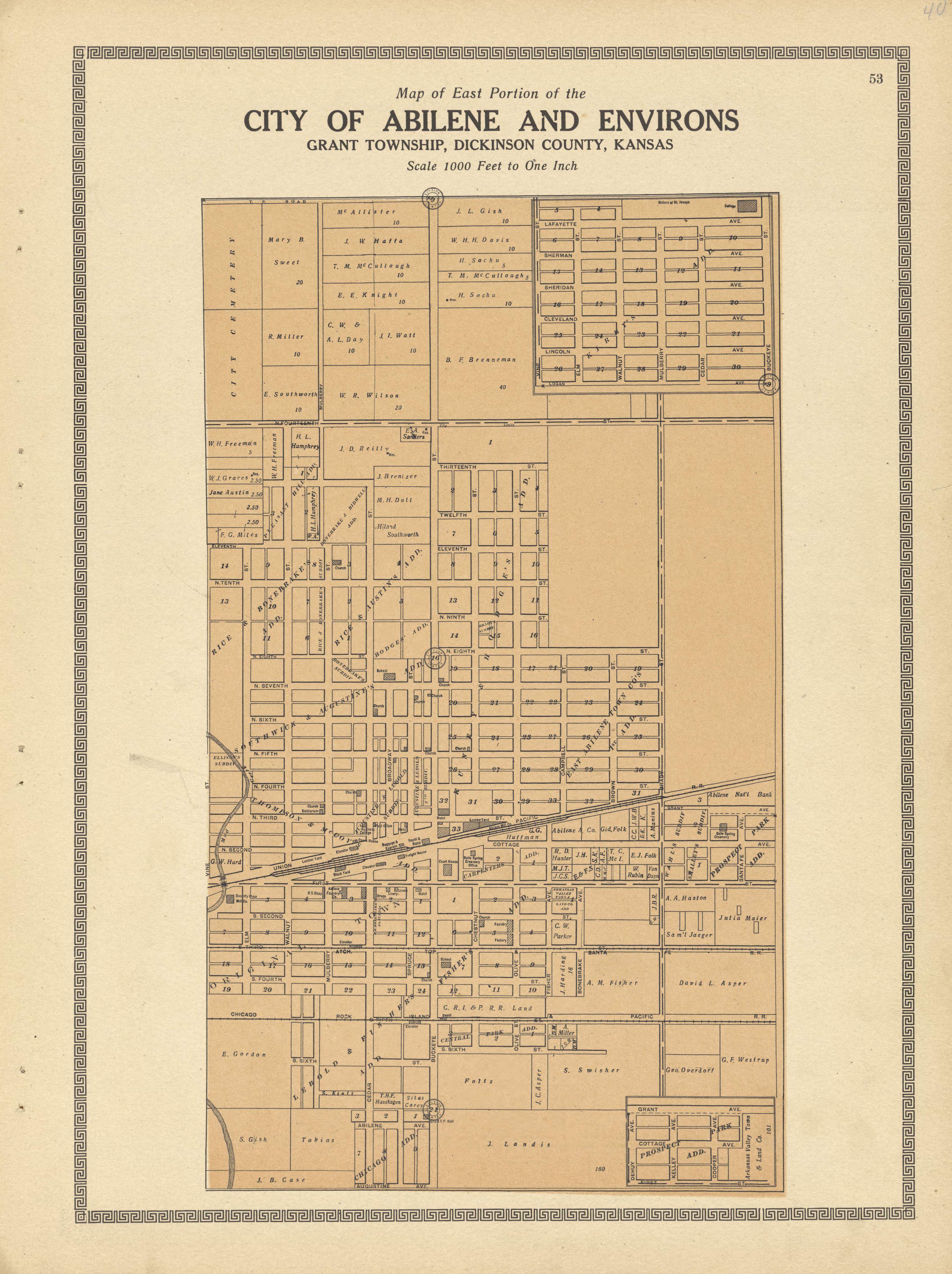 City of Abilene and Environs from Plat Book and Complete Survey of Dickinson County, Kansas : Containing Plats of Townships and Incorporated Towns, Also Maps of the State, United States and World, With an Outline Map of Dickinson … 1909 by Relic Map Company