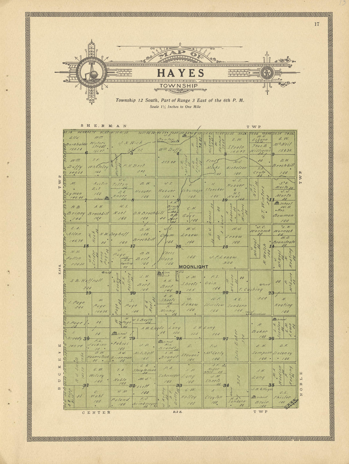 Hayes Township from Plat Book and Complete Survey of Dickinson County, Kansas : Containing Plats of Townships and Incorporated Towns, Also Maps of the State, United States and World, With an Outline Map of Dickinson … 1909 by Relic Map Company