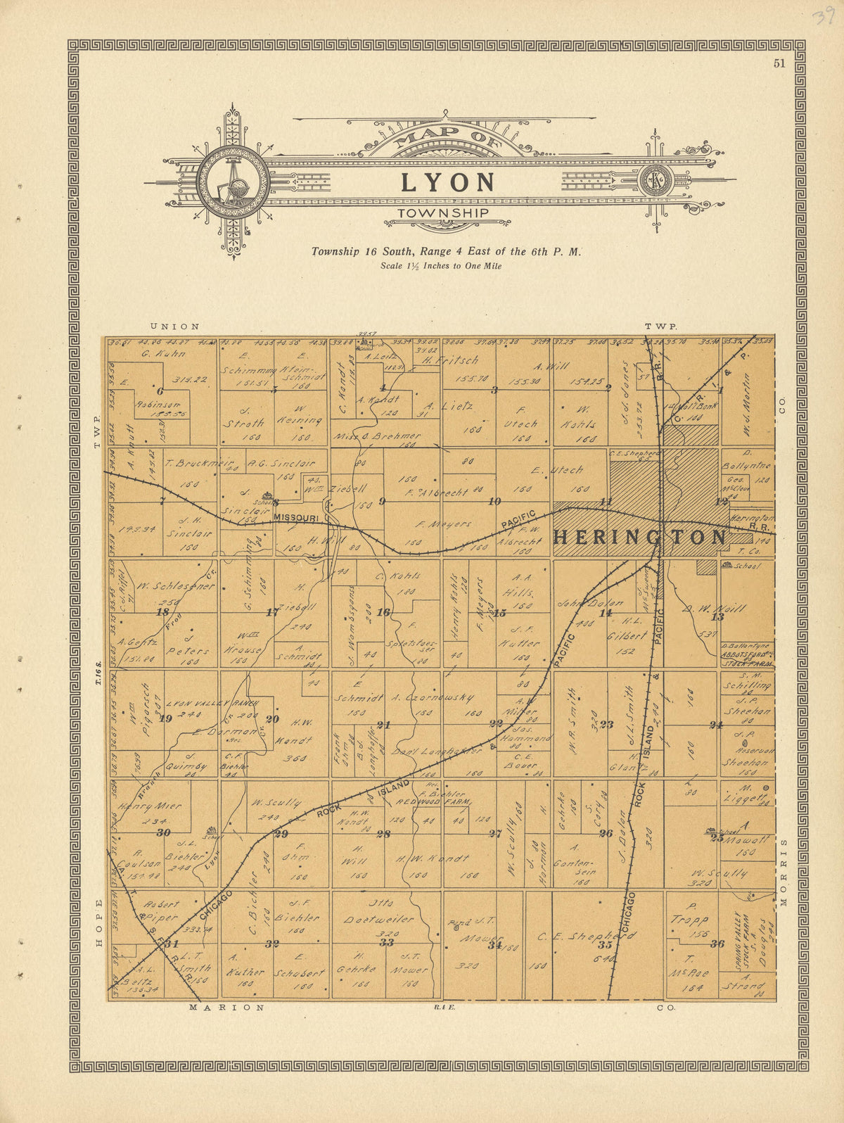 Lyon Township from Plat Book and Complete Survey of Dickinson County, Kansas : Containing Plats of Townships and Incorporated Towns, Also Maps of the State, United States and World, With an Outline Map of Dickinson … 1909 by Relic Map Company