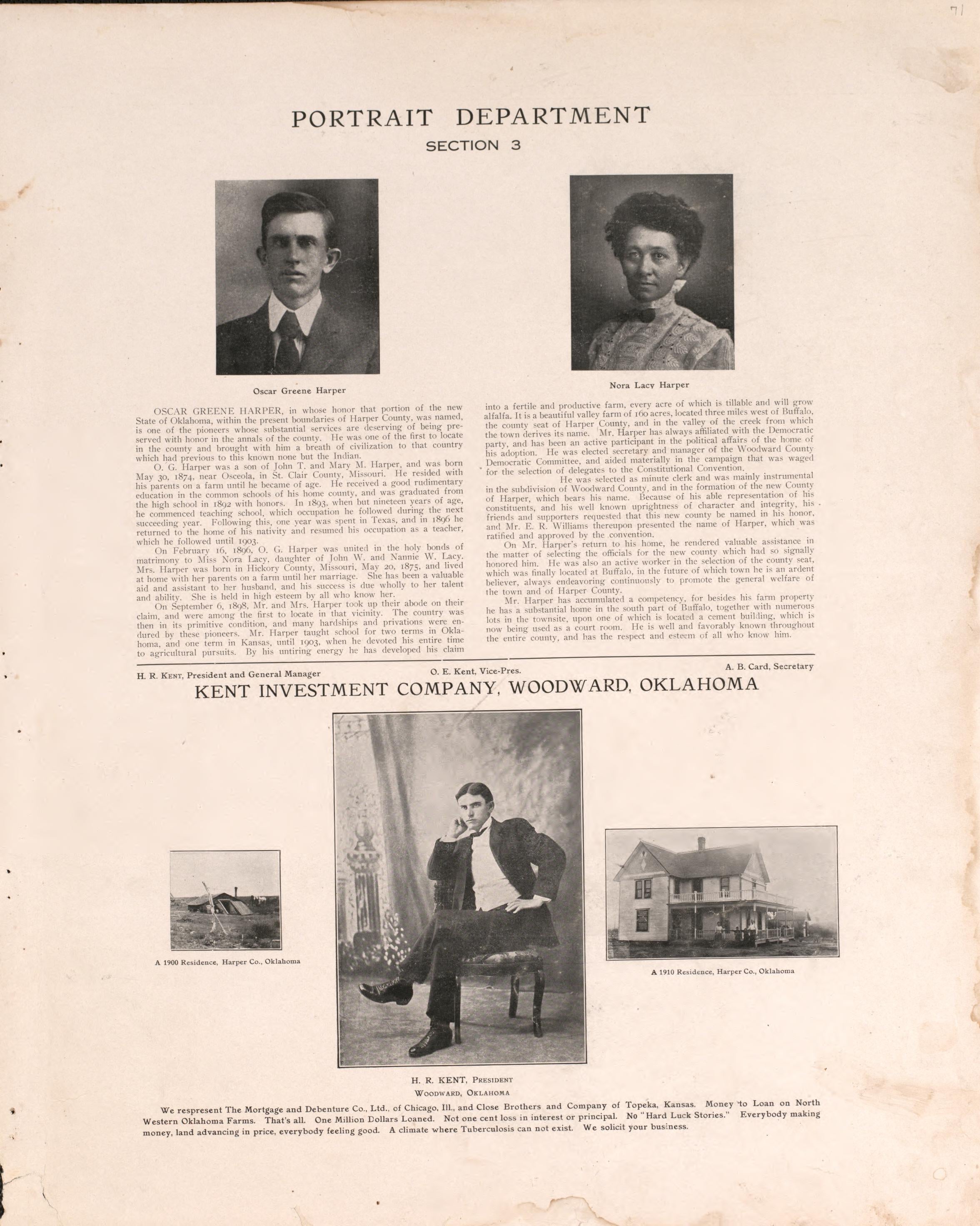 Portrait Section 3, P. 1 from Plat Book of Harper County, Oklahoma : Containing Maps of Villages, Cities and Townships of the County, and of the State, United States and World : Portraits of Representative Citizens and Leading … 1910 by Relic Map Company