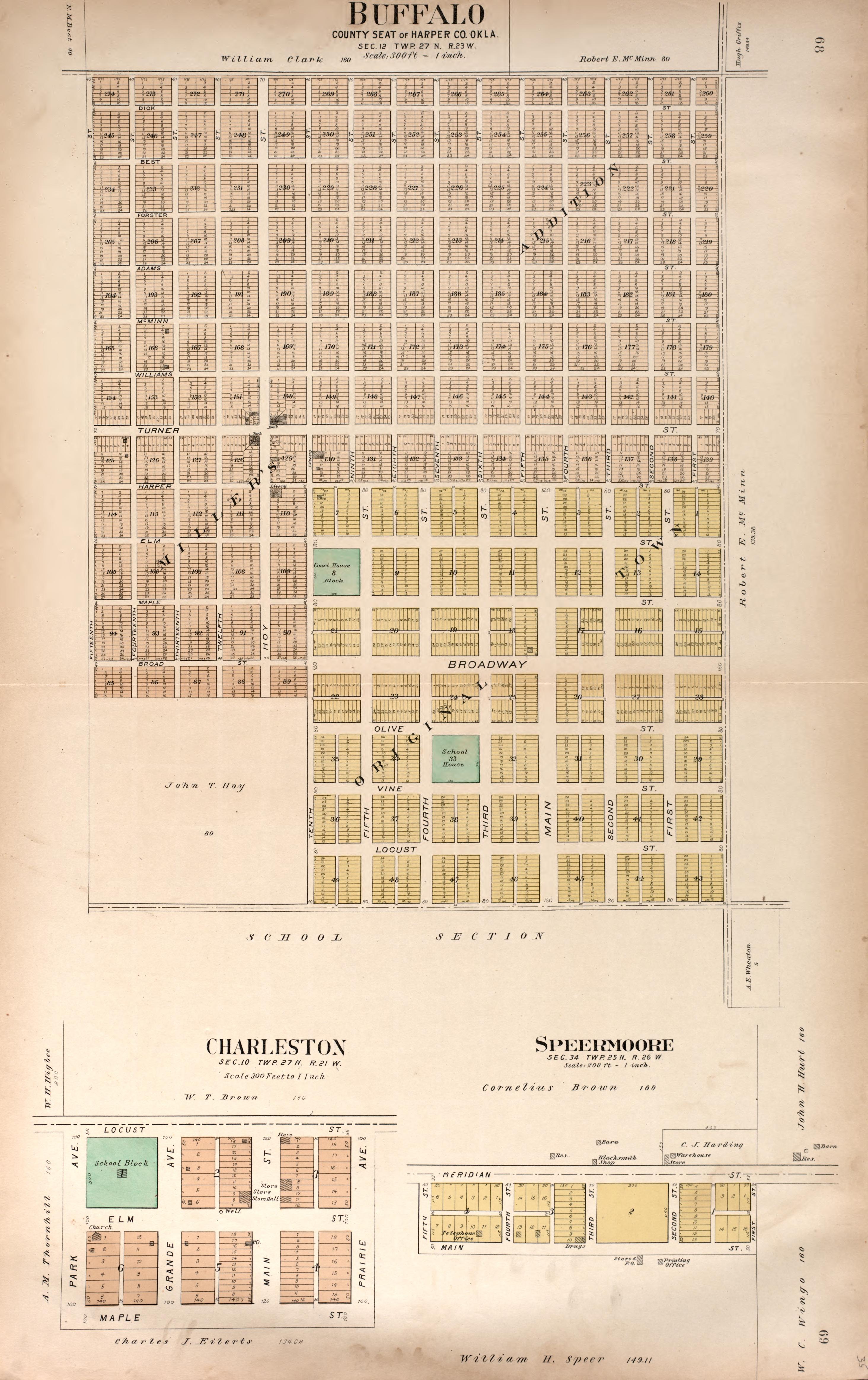 Buffalo, Charleston and Speermoore from Plat Book of Harper County, Oklahoma : Containing Maps of Villages, Cities and Townships of the County, and of the State, United States and World : Portraits of Representative Citizens and Leading … 1910 by Relic Map Company