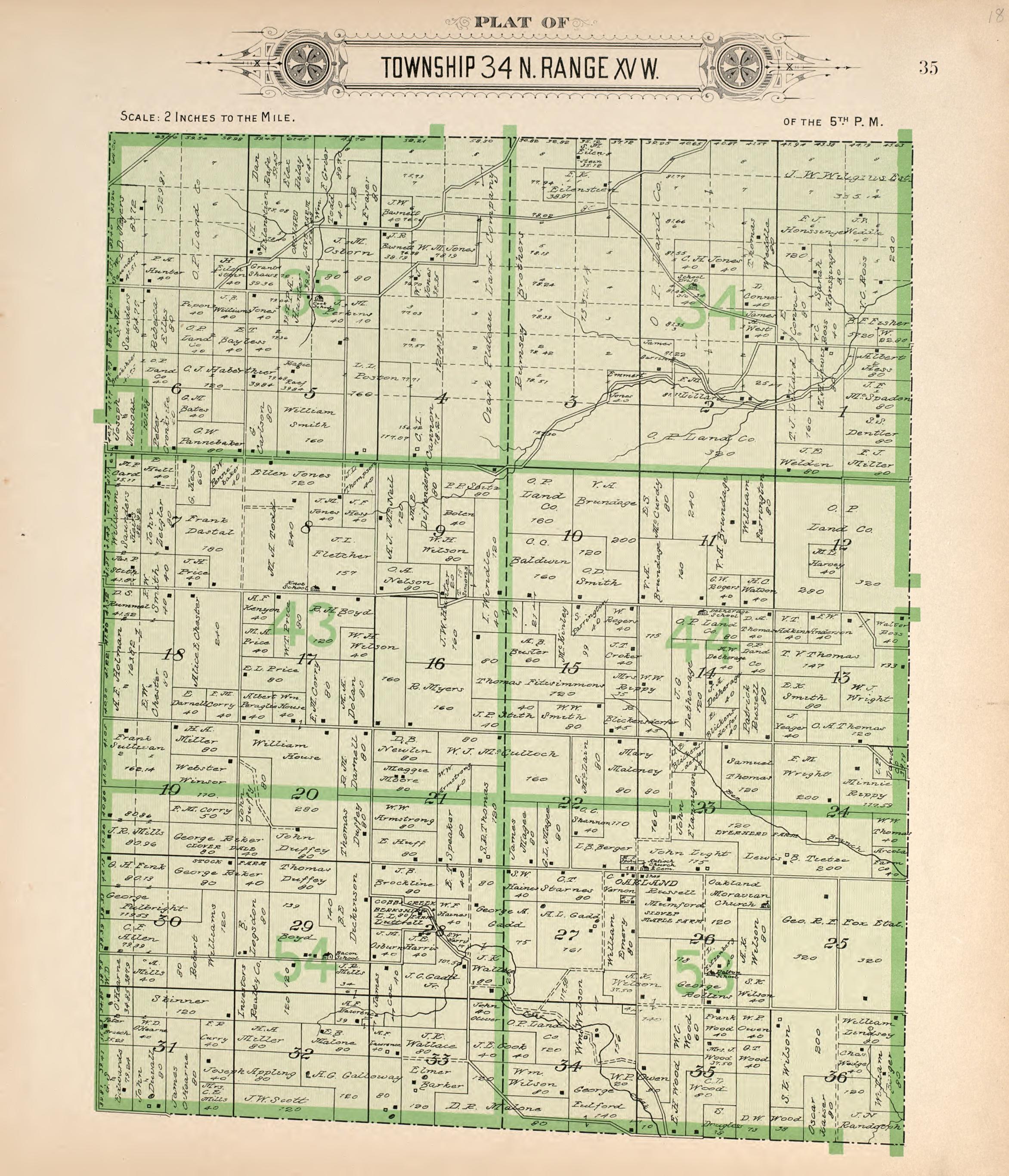 Township 34 N Range XV W from Plat Book of La Clede County, Missouri : Containing Maps of Villages, Cities and Townships of the County, and of the State, United States and World : Also Portraits of Representative Citizens, … 1912 by Relic Map Company