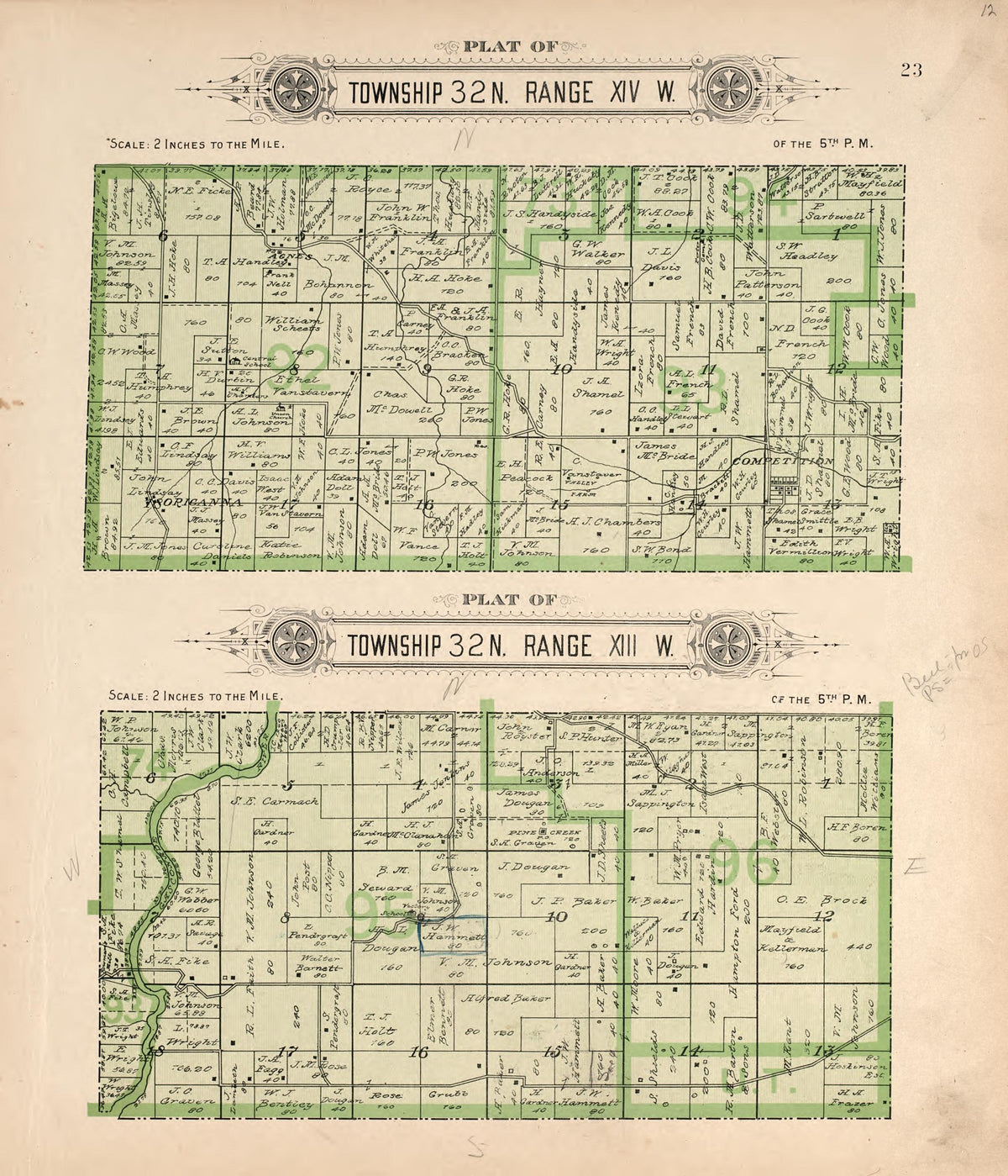 Township 32 N Ranges XIII & XIV from Plat Book of La Clede County, Missouri : Containing Maps of Villages, Cities and Townships of the County, and of the State, United States and World : Also Portraits of Representative Citizens, … 1912 by Relic Map Company
