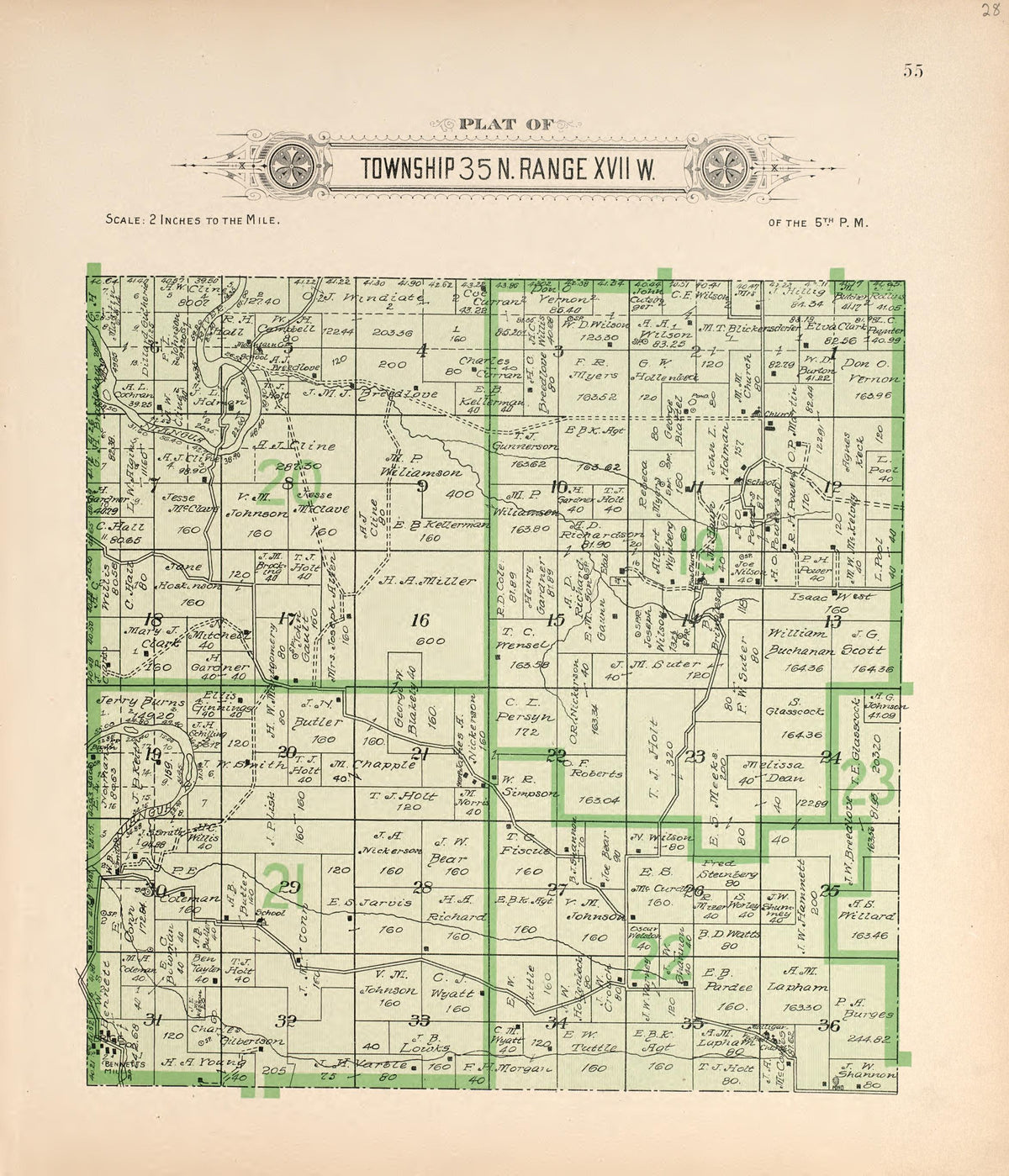 Township 35 N Range XVII W from Plat Book of La Clede County, Missouri : Containing Maps of Villages, Cities and Townships of the County, and of the State, United States and World : Also Portraits of Representative Citizens, … 1912 by Relic Map Company